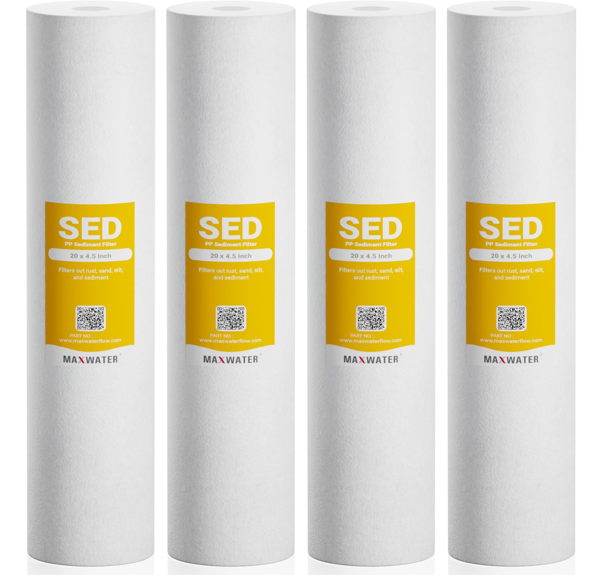 Max Water 5 Micron 20 x 4.5 Sediment Filter 20 inch Whole House BB Water Filtration System Replacement Compatible Cartridge DGD-5005-20, FP25B, AP810-6, FPMB5-20, P5-20, 155358-43, 4-Pack