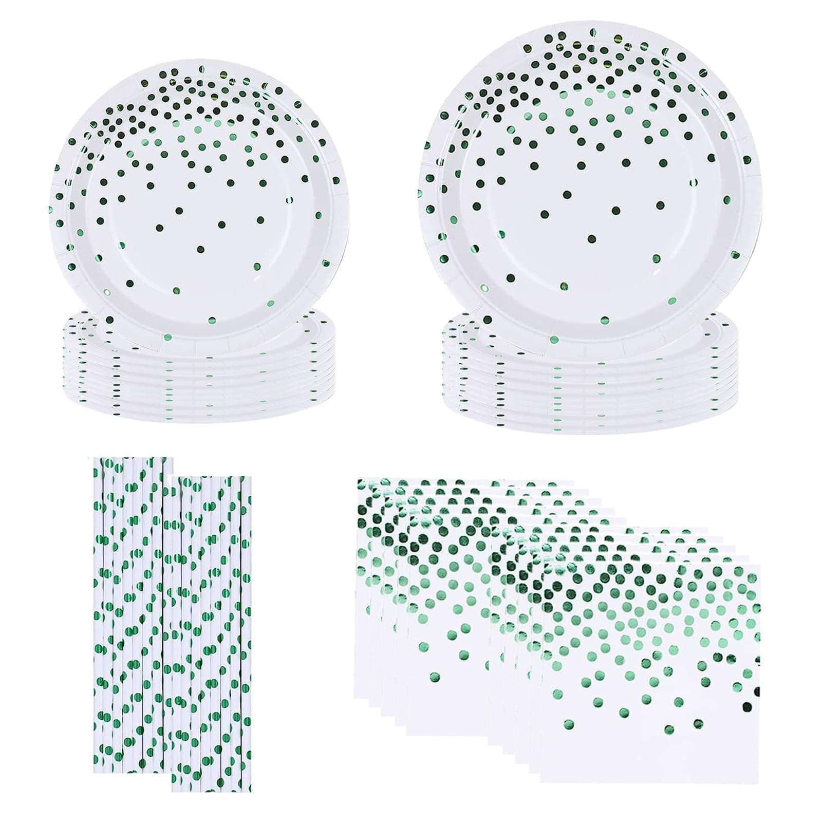 64PCS White and Green Dot Party Tableware Decorations for Birthday,Disposable Party Tableware Set Golden Dot Birthday Paper Plates 7inch,9inch,Paper Straws,Napkins,for Kids,Her,Man,Him Dinnerware