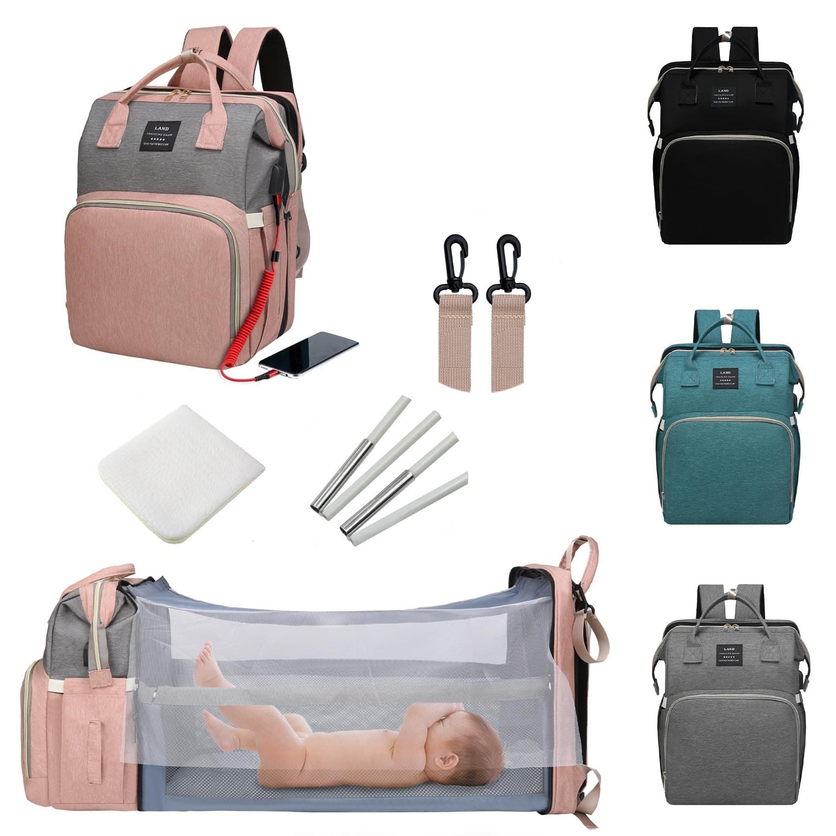 Diaper Bag with Changing Station,Diaper Bag Backpack,7 in 1 Travel Baby Diaper Bag,Mommy Bag With USB Charging Port (Pink-Grey)