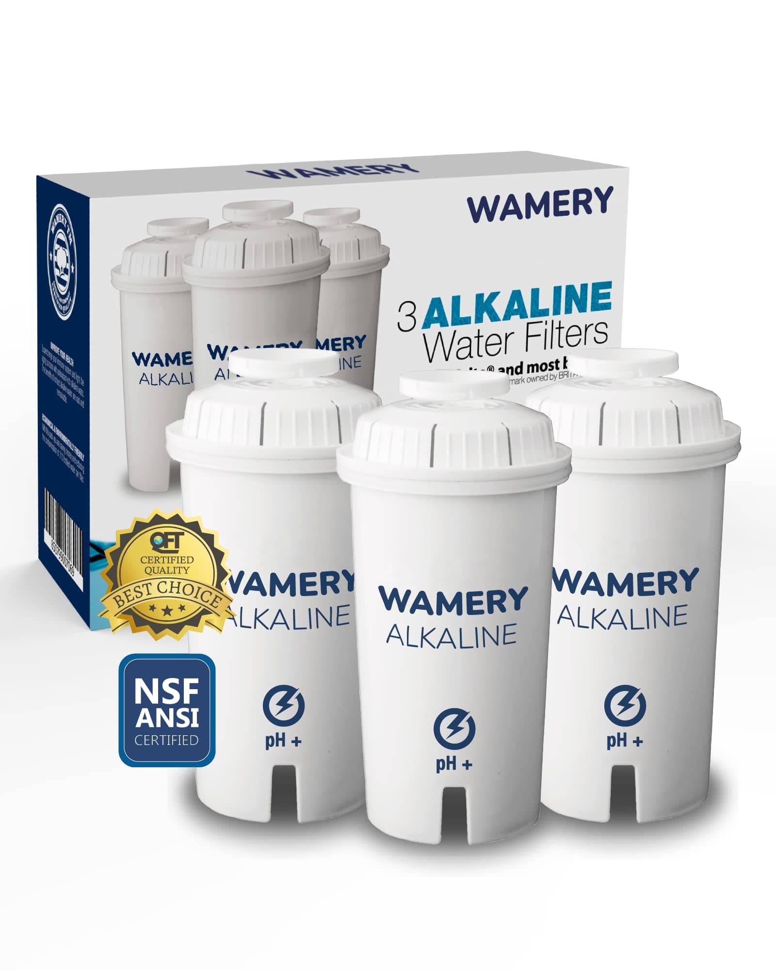 Wamery Alkaline Pitcher Water Filter Replacement for Brita Pitchers - 3 Pack, Improves pH & Taste, 42‑Gallon Each, Coconut Activated Carbon, Leak‑Free Fit, Easy Install