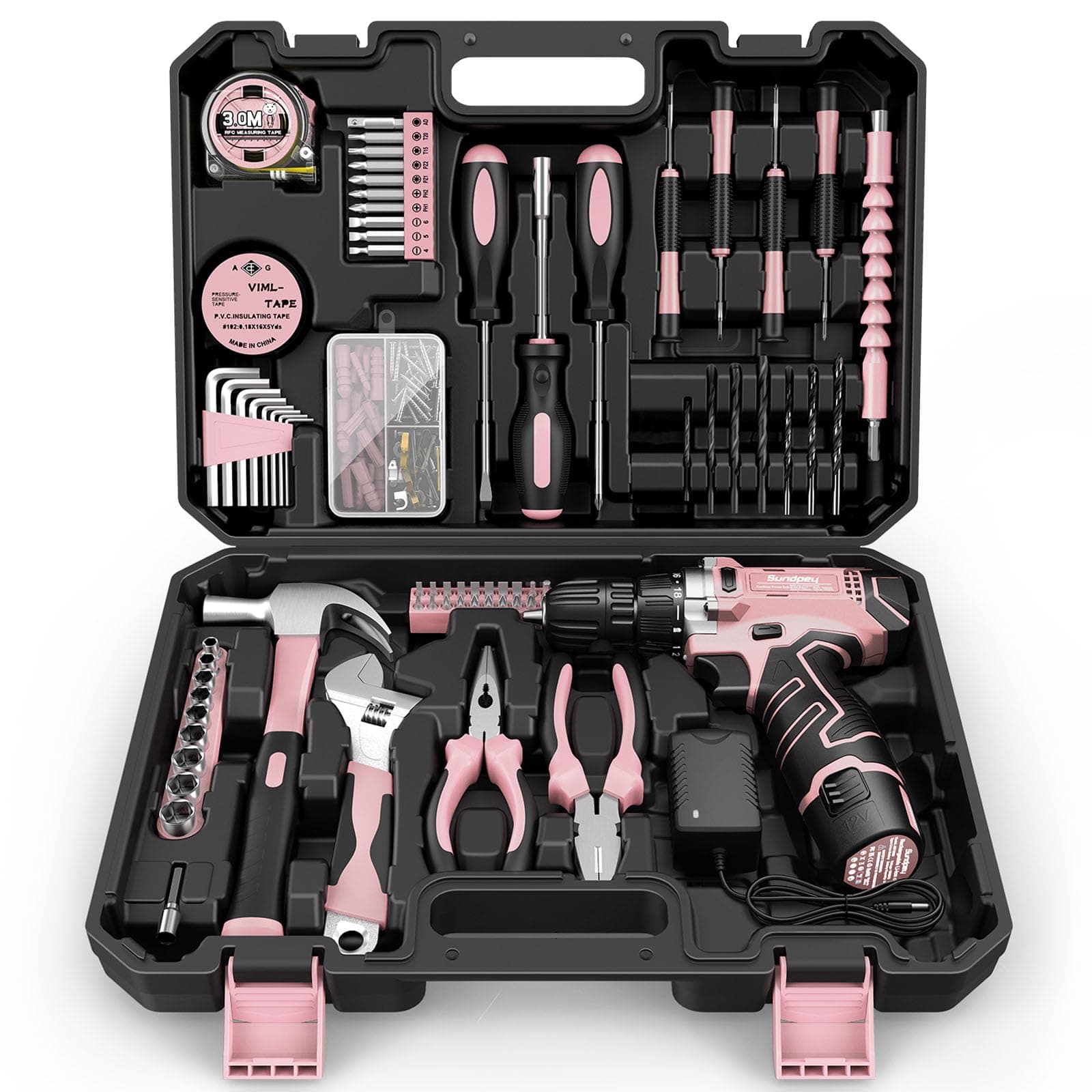Sundpey Tool Kit with 12V Drill - Cordless Power Drill Tool Set - Protable General Basic Complete Home and Auto Repair Tools Set - Pink Tool Kit for Women with Wrench & Socket & Screwdriver Kit