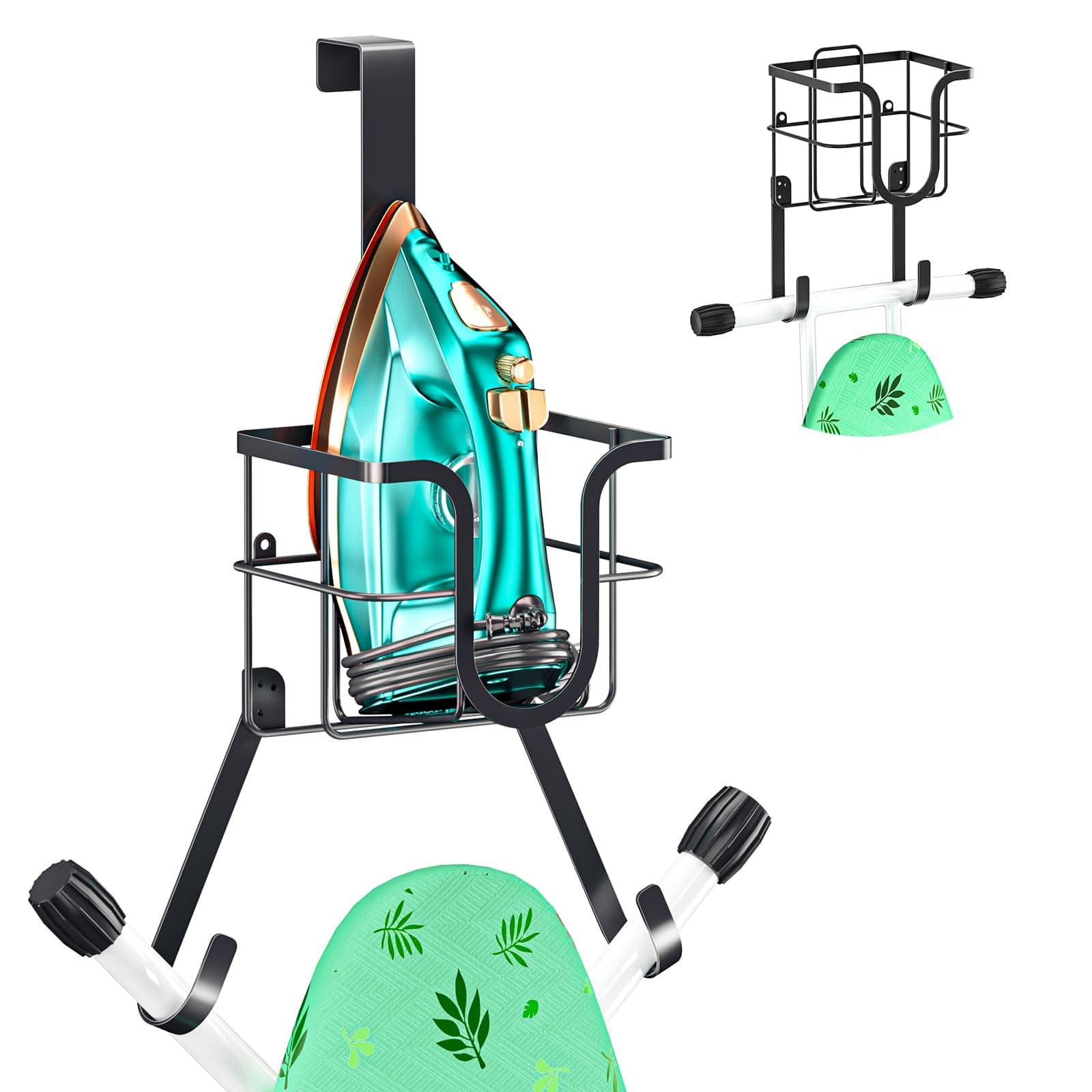 Ironing Board Hanger Wall Mount/Over The Door, Foldable Laundry Room Iron and Ironing Caddy Board Storage Holder with T & Y Shape Movable Hooks,Matte Black