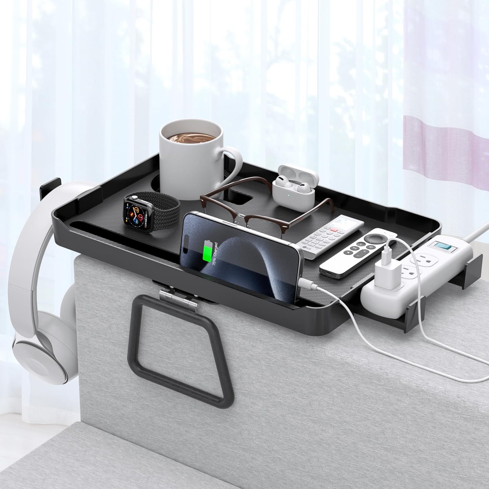 CLESOO Couch Arm Tray - 5-in-1 Large Capacity Armrest Clip Tray Table with Cup Holder, Tablet Slot, Cord Holes, Extension Socket Holder & Hooks - For Different Shapes and Widths of Sofa Armrests