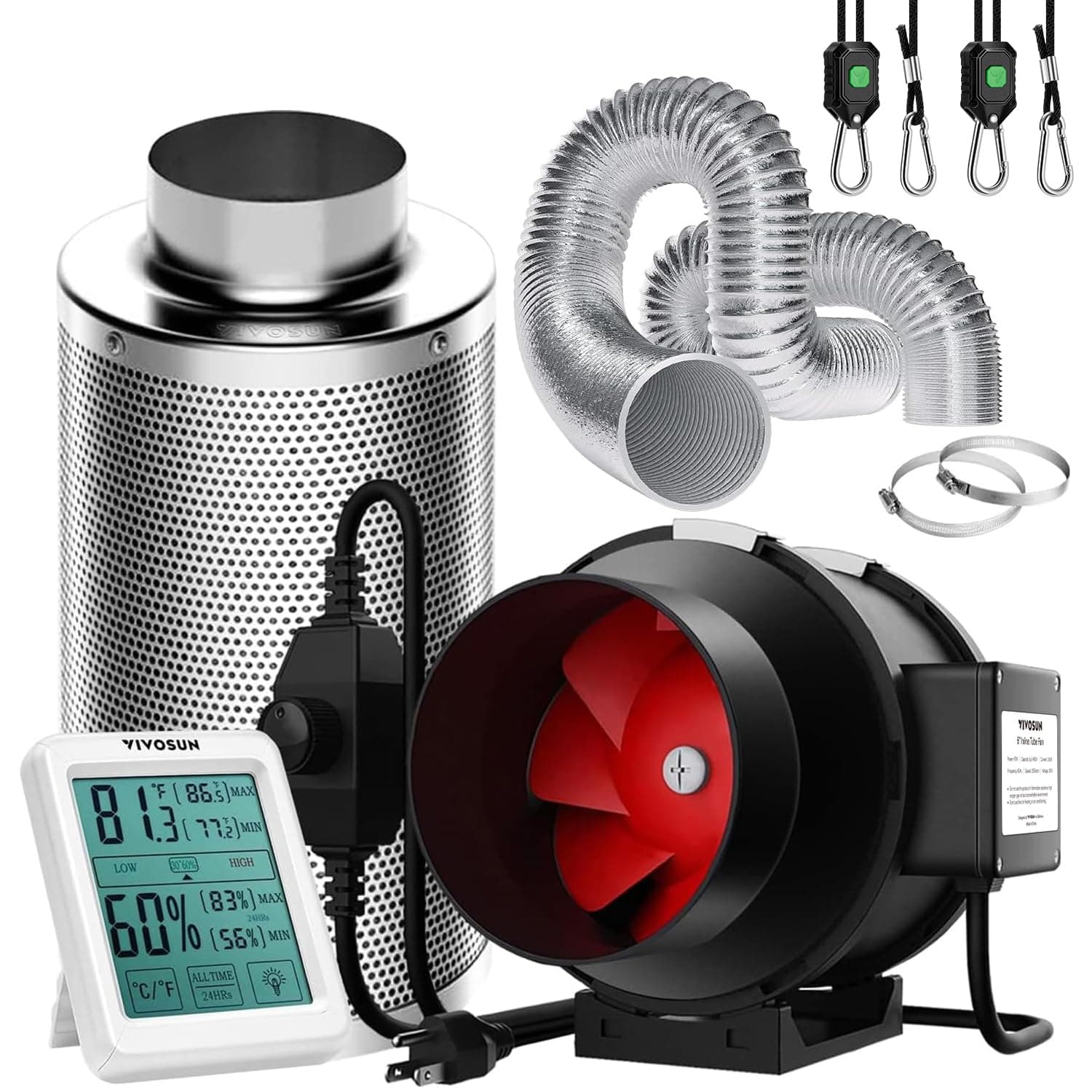 VIVOSUN 6 Inch 390 CFM Inline Fan with Speed Controller, 6 Inch Carbon Filter and 8 Feet of Ducting, Temperature Humidity Monitor for Grow Tent Ventilation