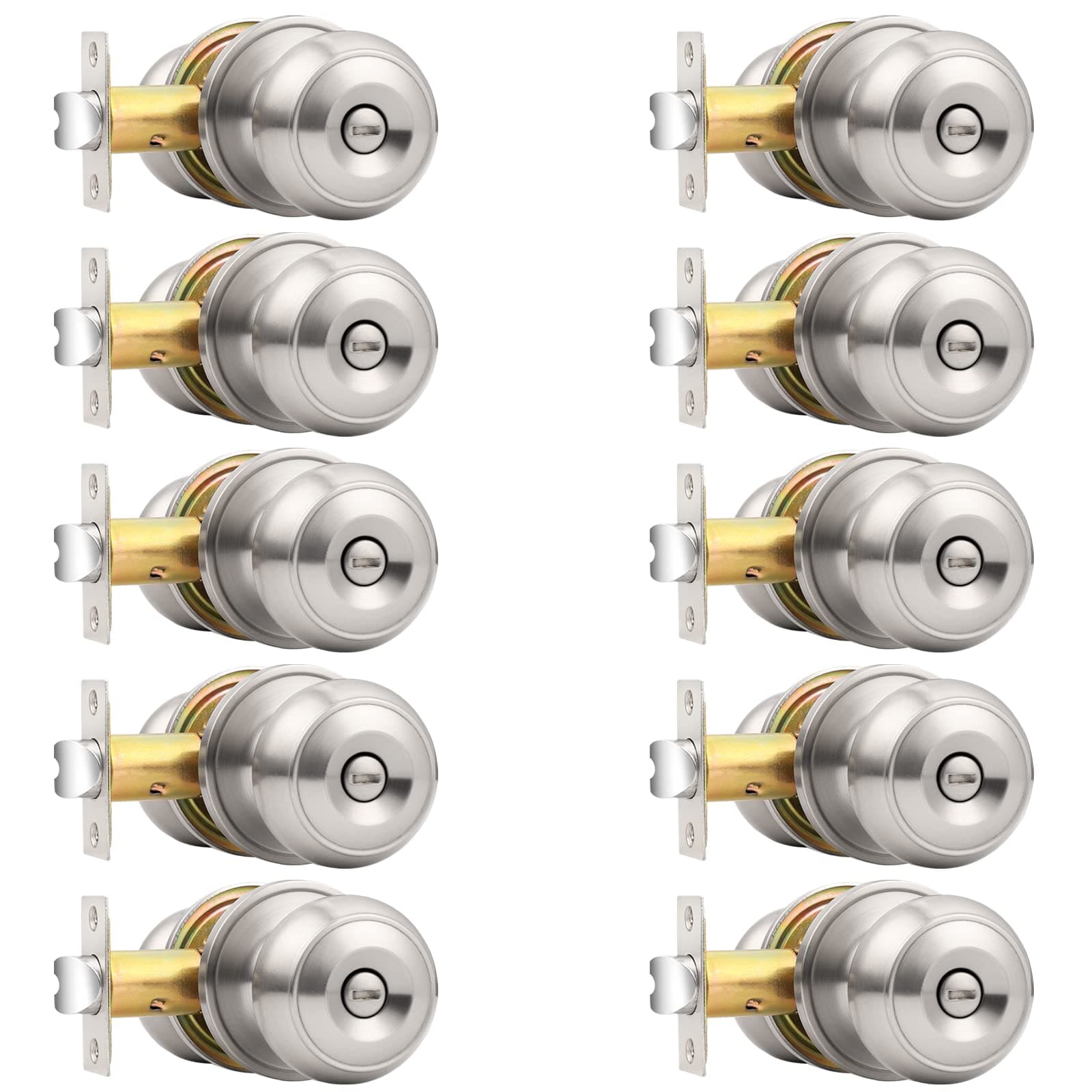 Brushed Nickel Bed/Bath Door Knobs, Satin Ball Door Knob, Interior Door Knobs for Bedroom Bathroom, Privacy Function, 10 Pack