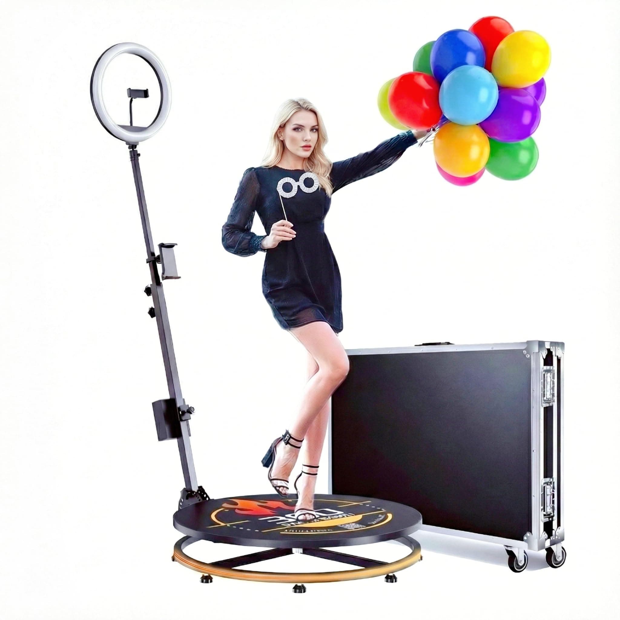MWE 360 Photo Booth Machine with APP Control & RGB Lights, 26.8" Auto-Spin Video Booth with Flight Case & Professional Editing Software, Perfect for Weddings, Rentals, Parties & Events