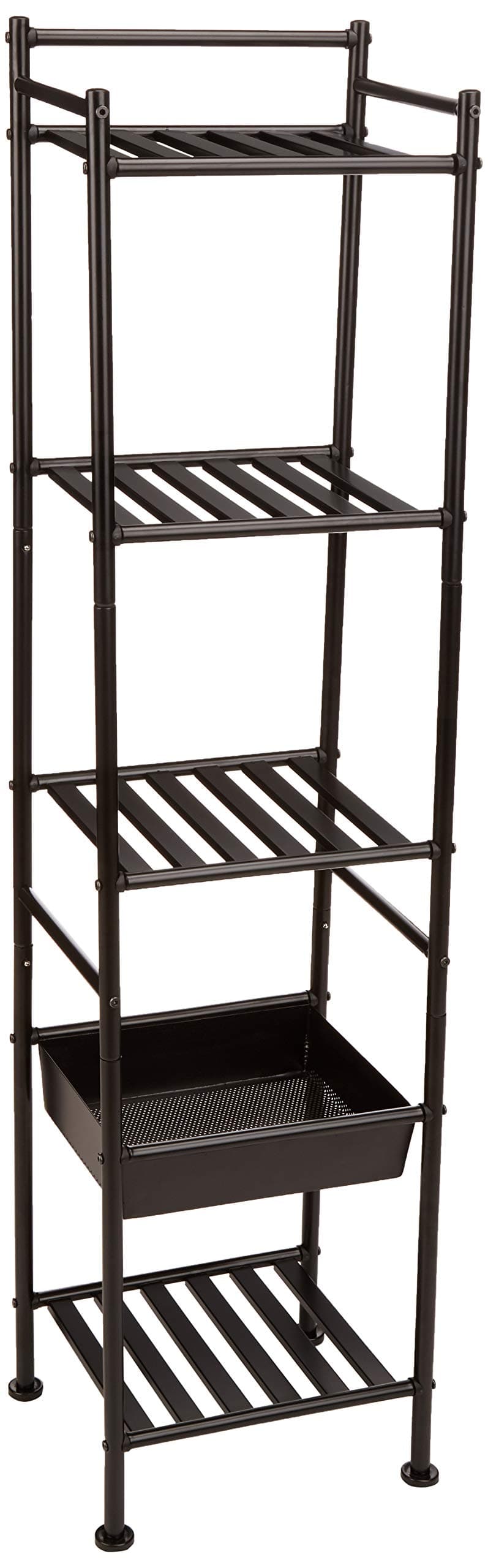 – Amazon Basics 5-Tier Shelf with Basket, Black, 28.5 D x 34.5 W x 140.3 H cm