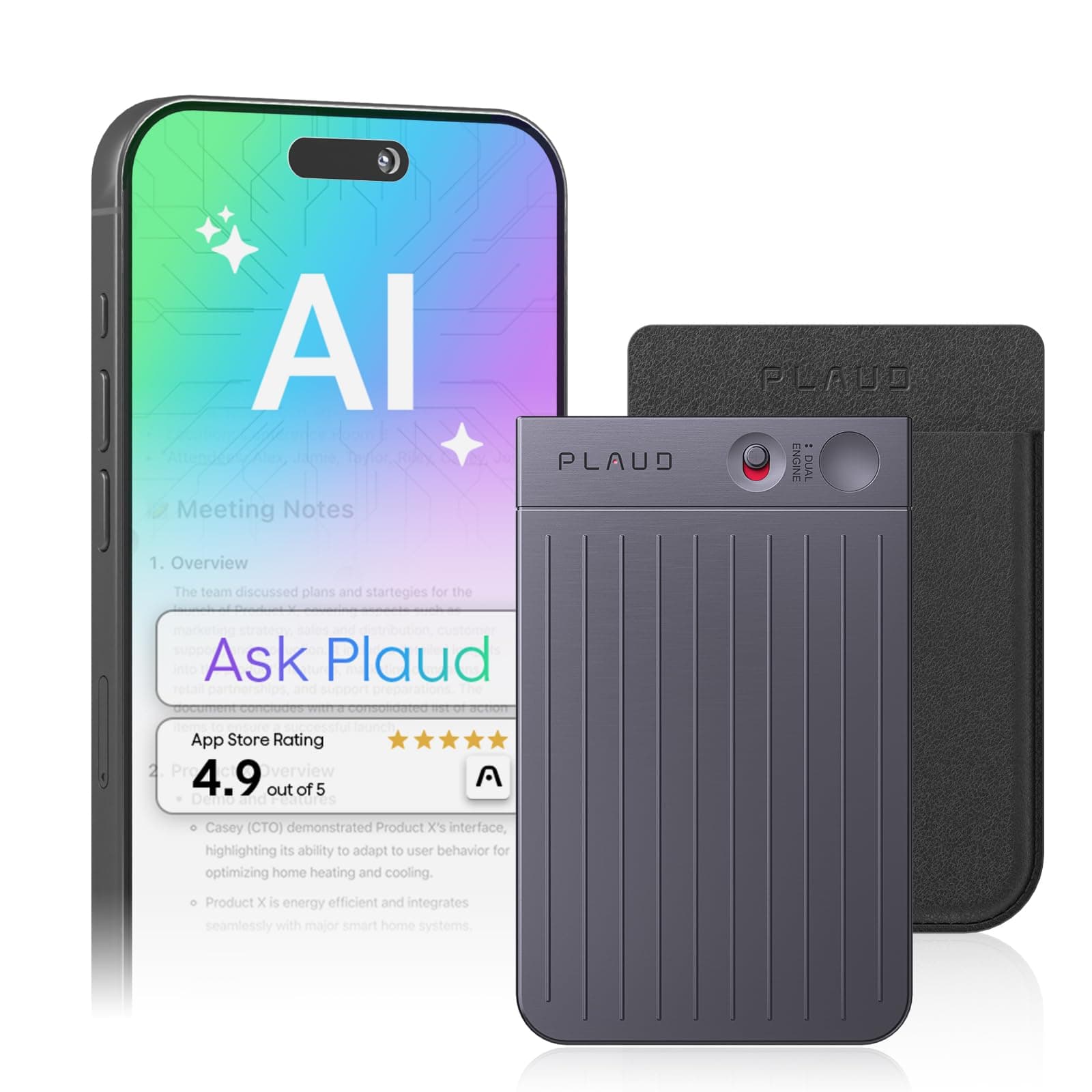 Note AI Voice Recorder, Voice Recorder w/Case, App Control, Transcribe & Summarize with AI Technology, Support 112 Languages, 64GB Memory, Lectures, Meetings, Calls, Black, Non-Pro Version