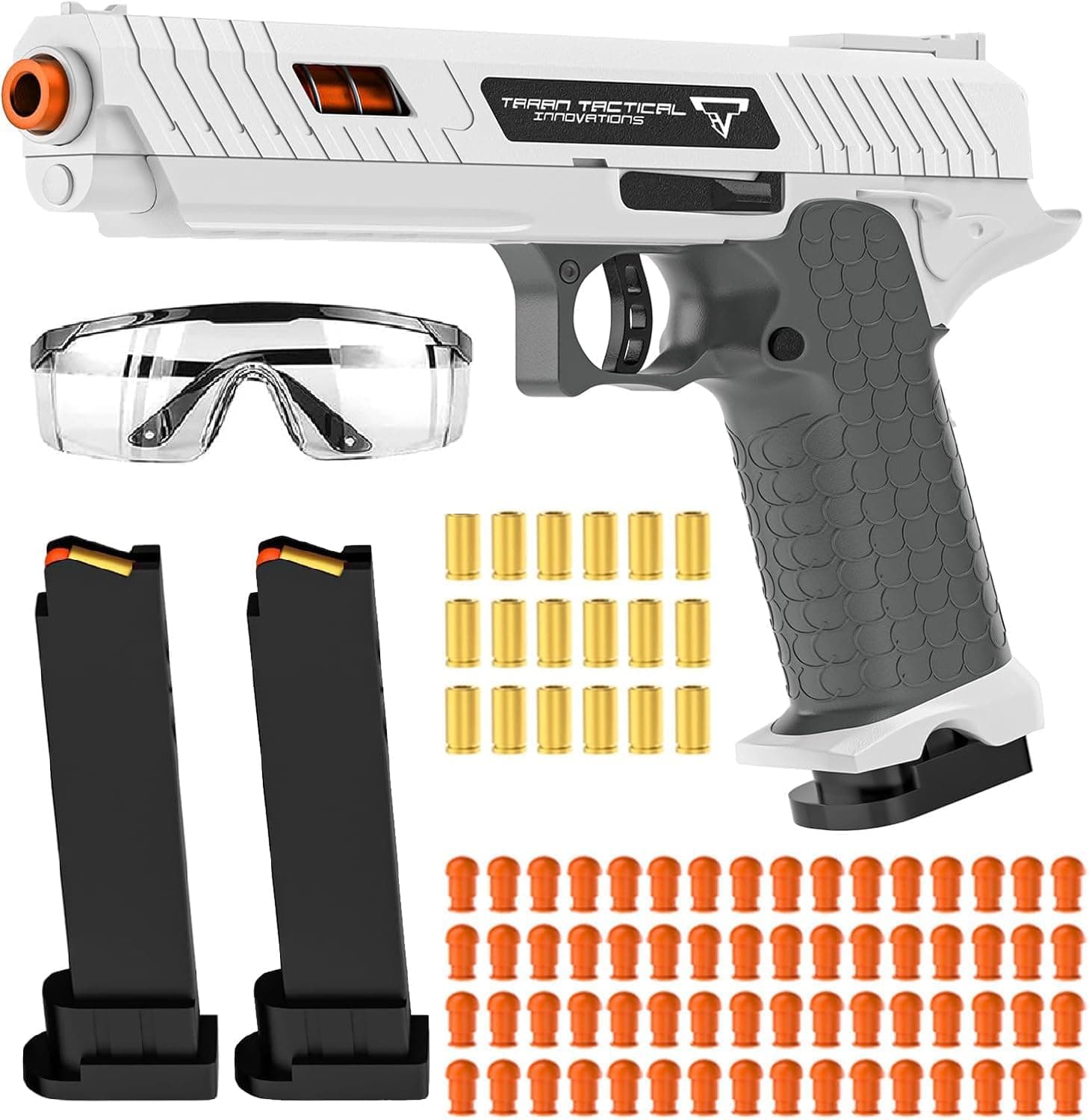 Moonmen Soft Bullet Toy Guns for Boys, Automatic Reloading Shell Ejecting Toy Gun with 120 Bullets and 2 Magazines, Education Model Toy Gun Pistol Shooting Game for Kids (White 2011)