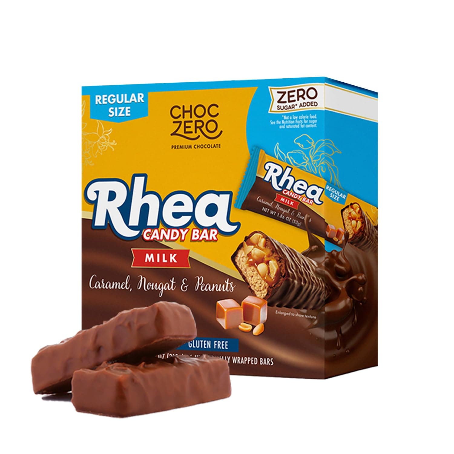 ChocZero Milk Chocolate Peanut & Caramel Nougat Candy Bar, Zero Sugar Added, High Fiber, Full Size Rhea Bars (6 per Box)