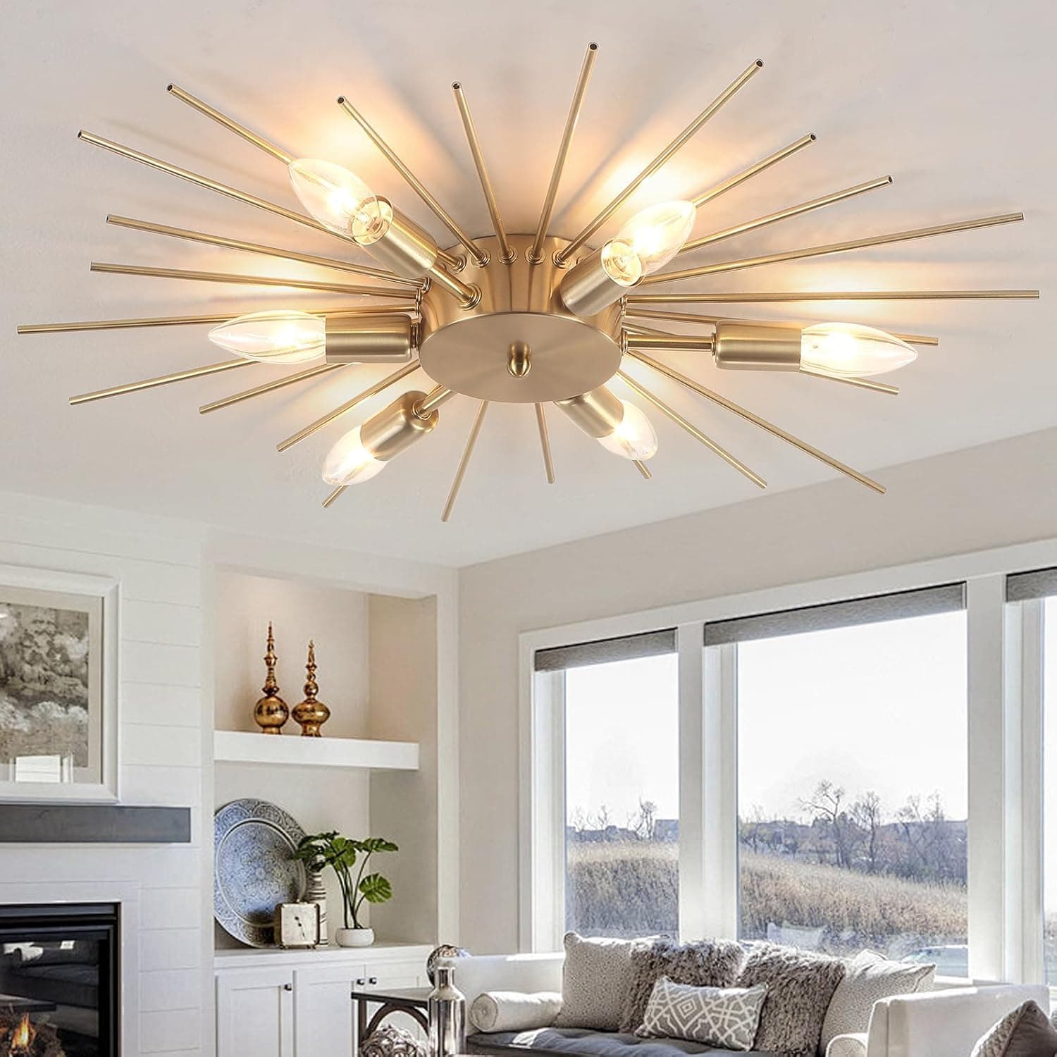 6-Lights Sputnik Light Fixture Flush Mount Gold Ceiling Lights Modern Firework Metal Ceiling Lighting Mid Century Chandelier for Farmhouse Dining Room Bedroom Hallway Living Room, E12