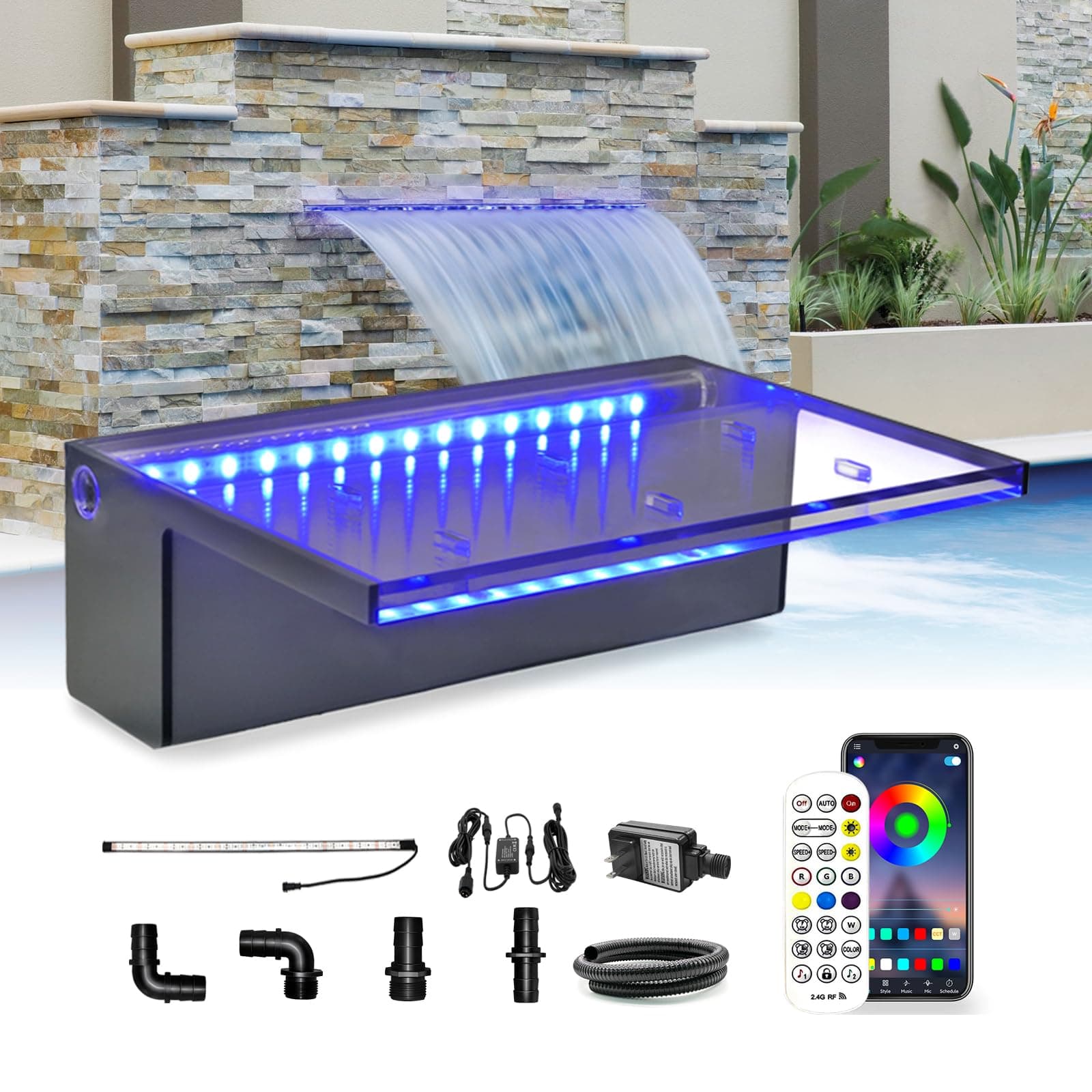 LONGRUN Waterfall Spillway APP Control Multi-Color LED Light Outdoor Pool Fountain, Acrylic Water Spillway Koi Pond Waterfalls Fountains Kit for Garden Patio Swimming Pool Decoration-11.8"