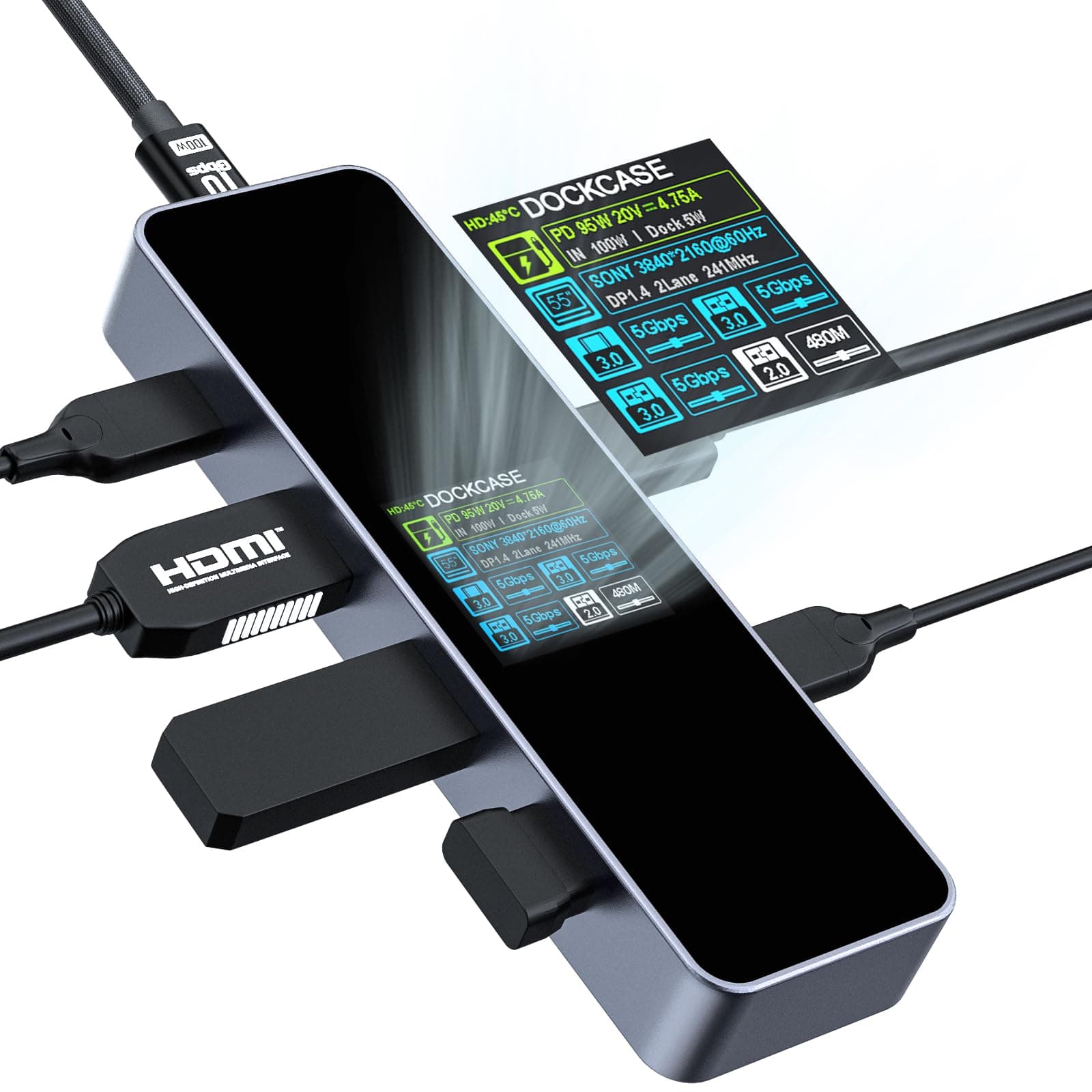 DOCKCASE Visual Smart USB C Hub (6-in-1) with HDMI Port 4K@60Hz, USB-C and 3 USB-A 5Gbps Data Ports, 100w PD Power Delivery, for MacBook Air, MacBook Pro, XPS, and More
