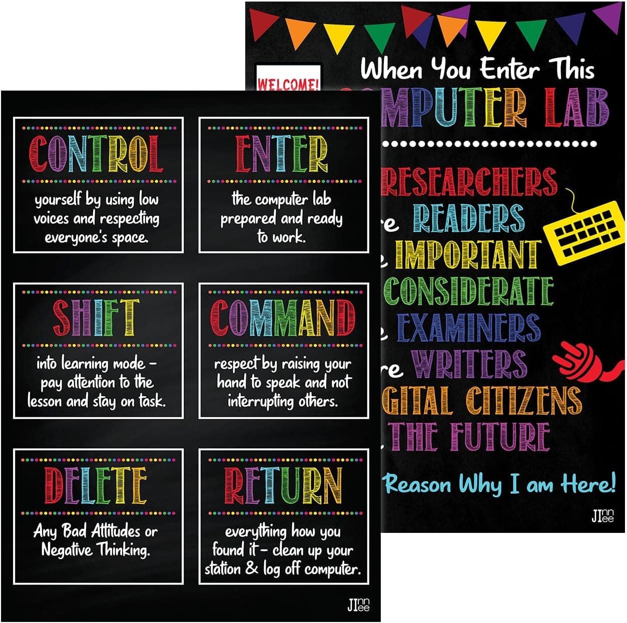 Jinniee 2 Pcs Computer Lab Poster Computers Class Decor Classroom Rules Chalkboard Prints IT Computers Teacher Technology Class Sign for Middle High School 11x17 Inch