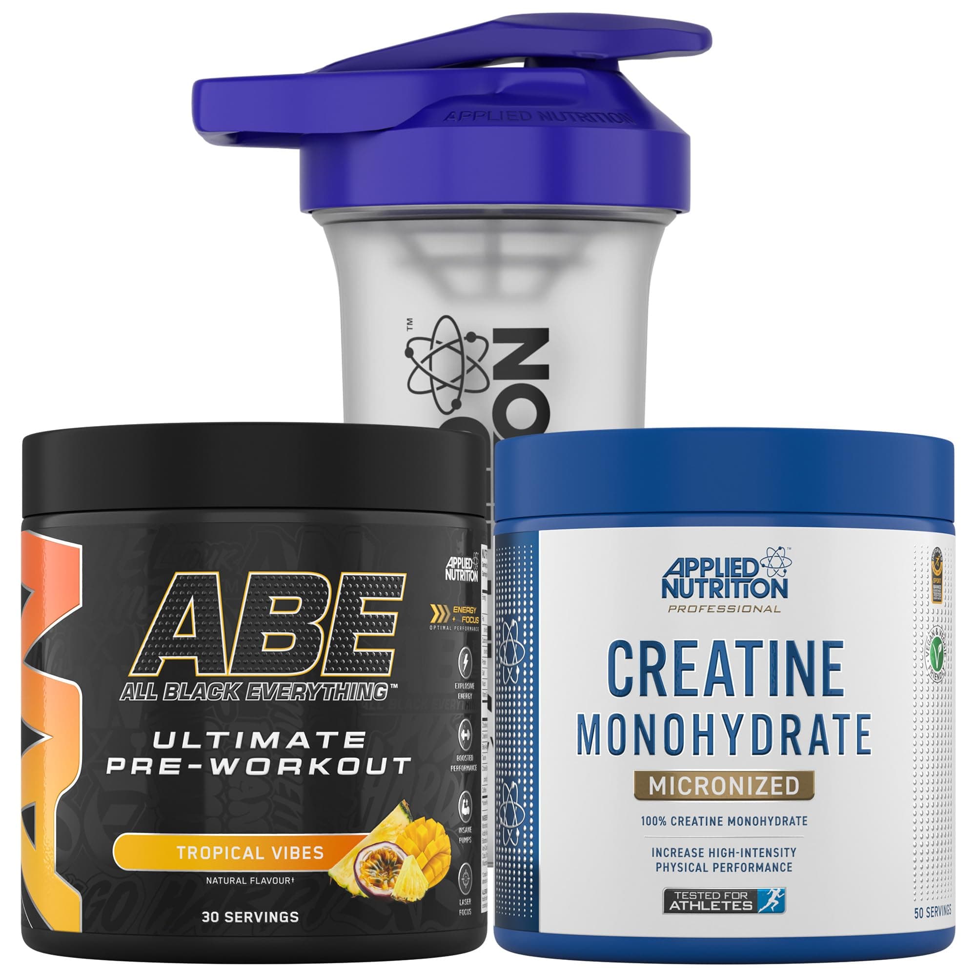 Applied Nutrition Bundle ABE Pre Workout 375g + Creatine 250g + 700ml Protein Shaker | All Black Everything Pre Workout Powder, Energy & Performance with Creatine, Beta Alanine (Tropical)
