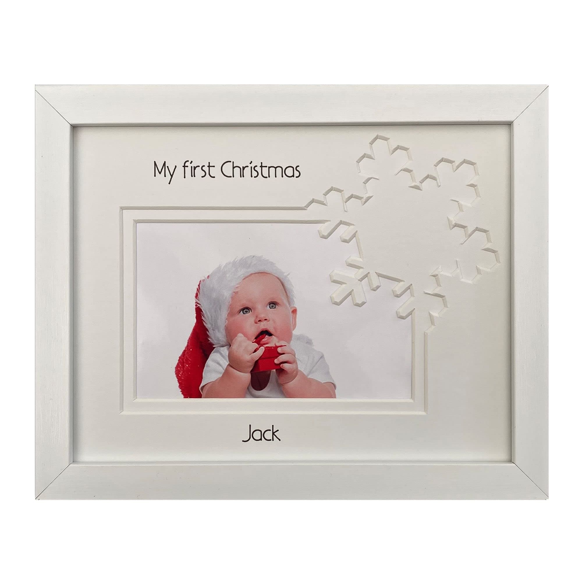 Personalised My First Christmas Photo Frame Snowman, Tree, Snowflake, Stocking 9 x 7 (Snowflake - white frame)