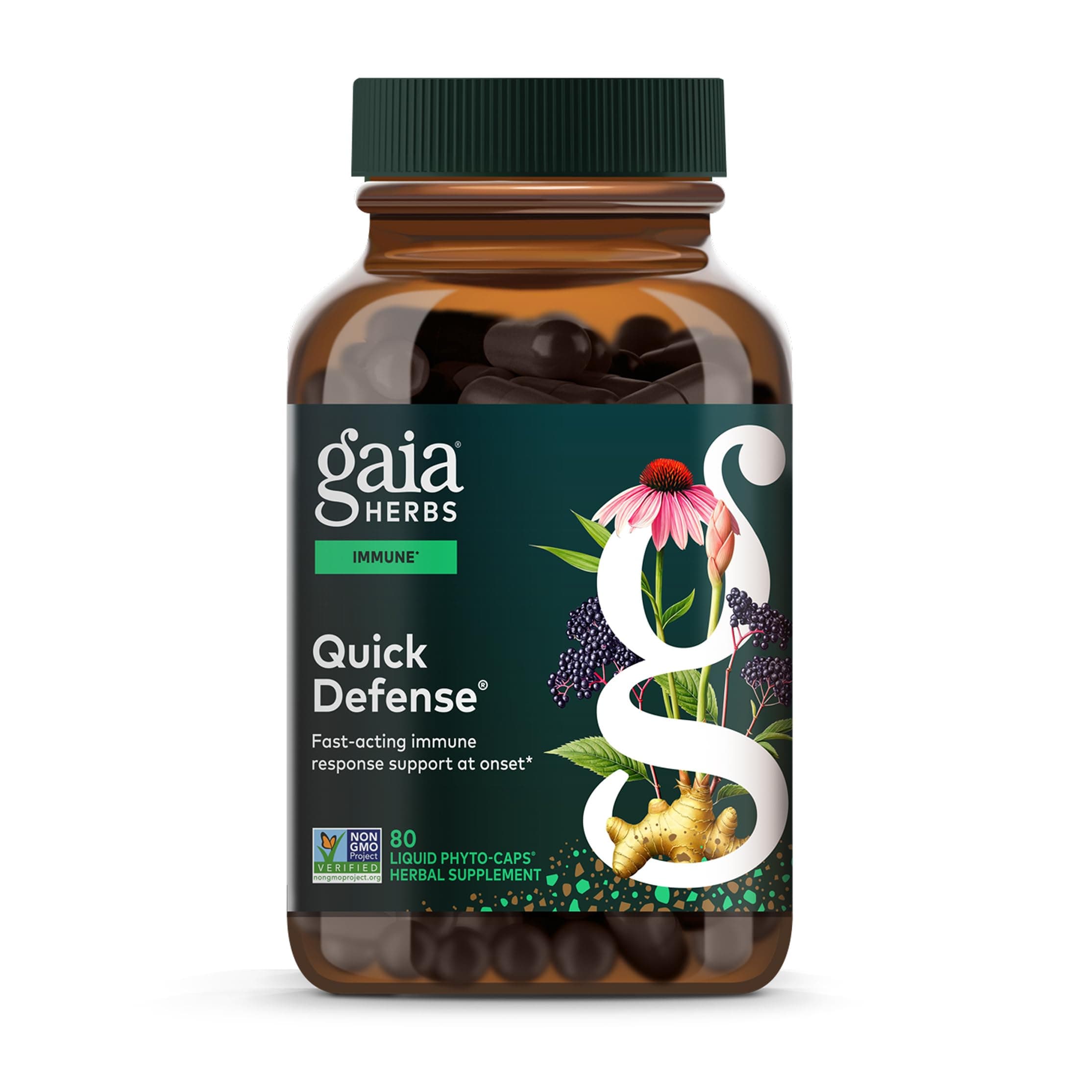 Quick Defense - Fast-Acting Immune Support Supplement* - Echinacea, Black Elderberry, Ginger & Andrographis - 80 Vegan Liquid Phyto-Caps (40 Servings)