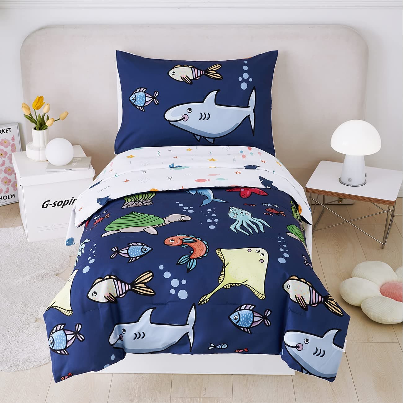 PERFEMET Kids Comforter Sets Boys Full Size-5 Piece Bed in A Bag Navy Blue Ocean Themed Comforter-Soft Reversible Cartoon Fish Shark Bedding Set for Girls Teens(Navy Blue, Ocean)