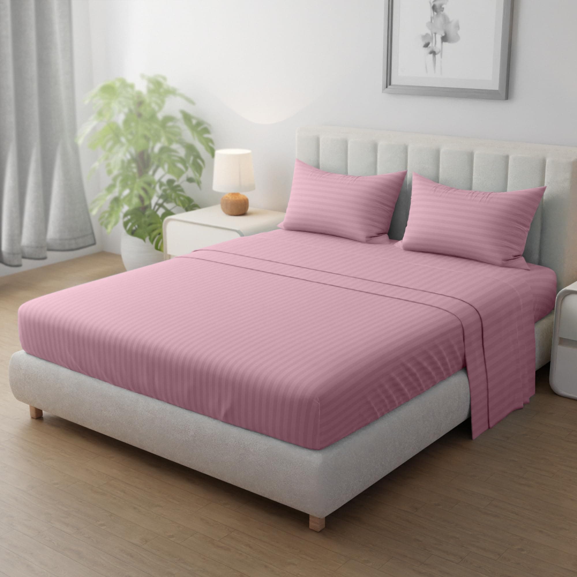Hotel Linen Klub Striped Microfiber Fitted Sheet Set - Single (90 x 190 cm) + 2 Pillowcases (50 x 75 cm), Premium Durable Quality and Deep Pocket for a Perfect Fit, Baby Pink