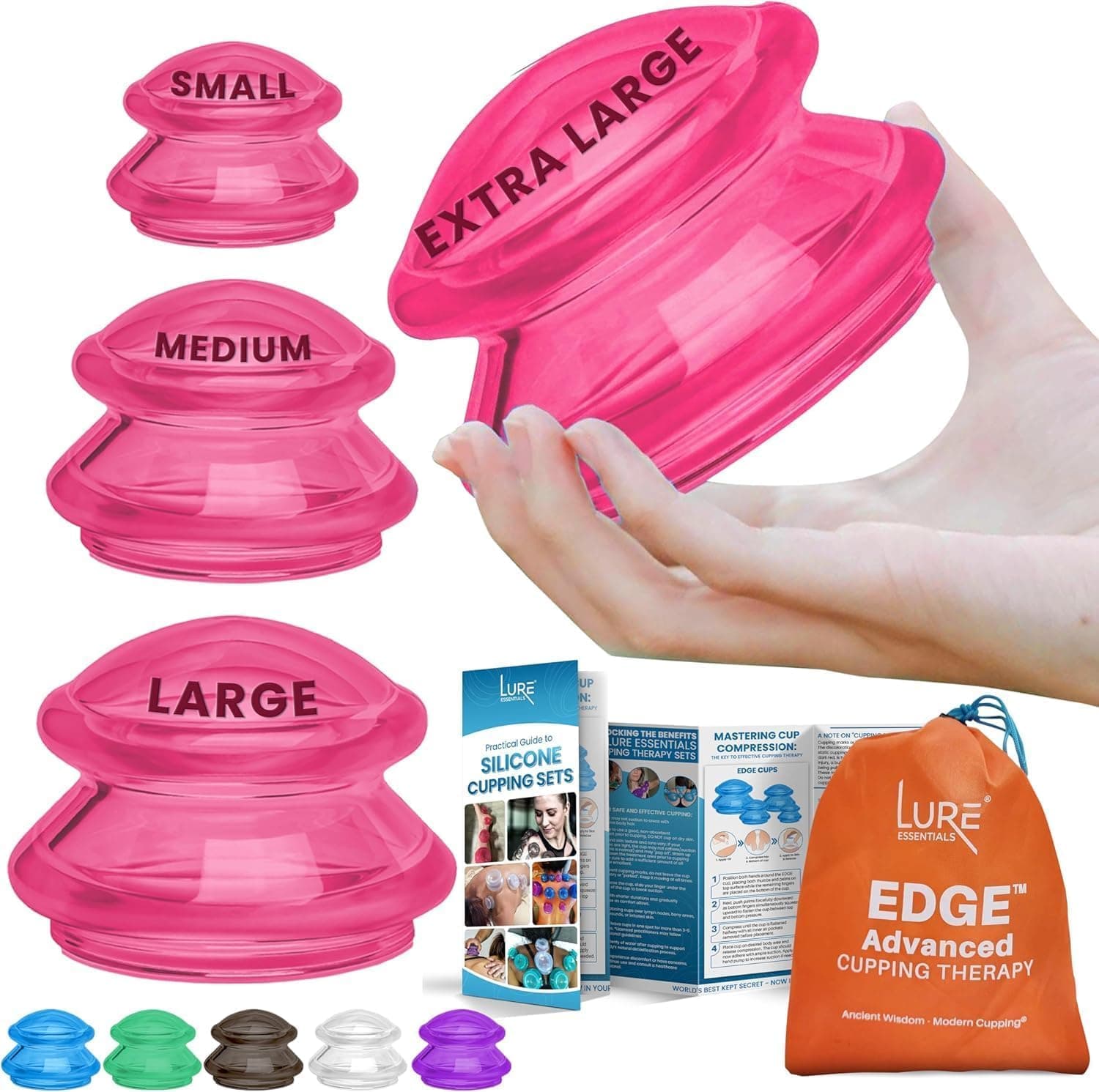 LURE Essentials Edge Cupping Therapy Set - Cupping Kit for Massage Therapy - Silicone Cupping Set - Massage Cups for Cupping Therapy (Set of 4, Pink)