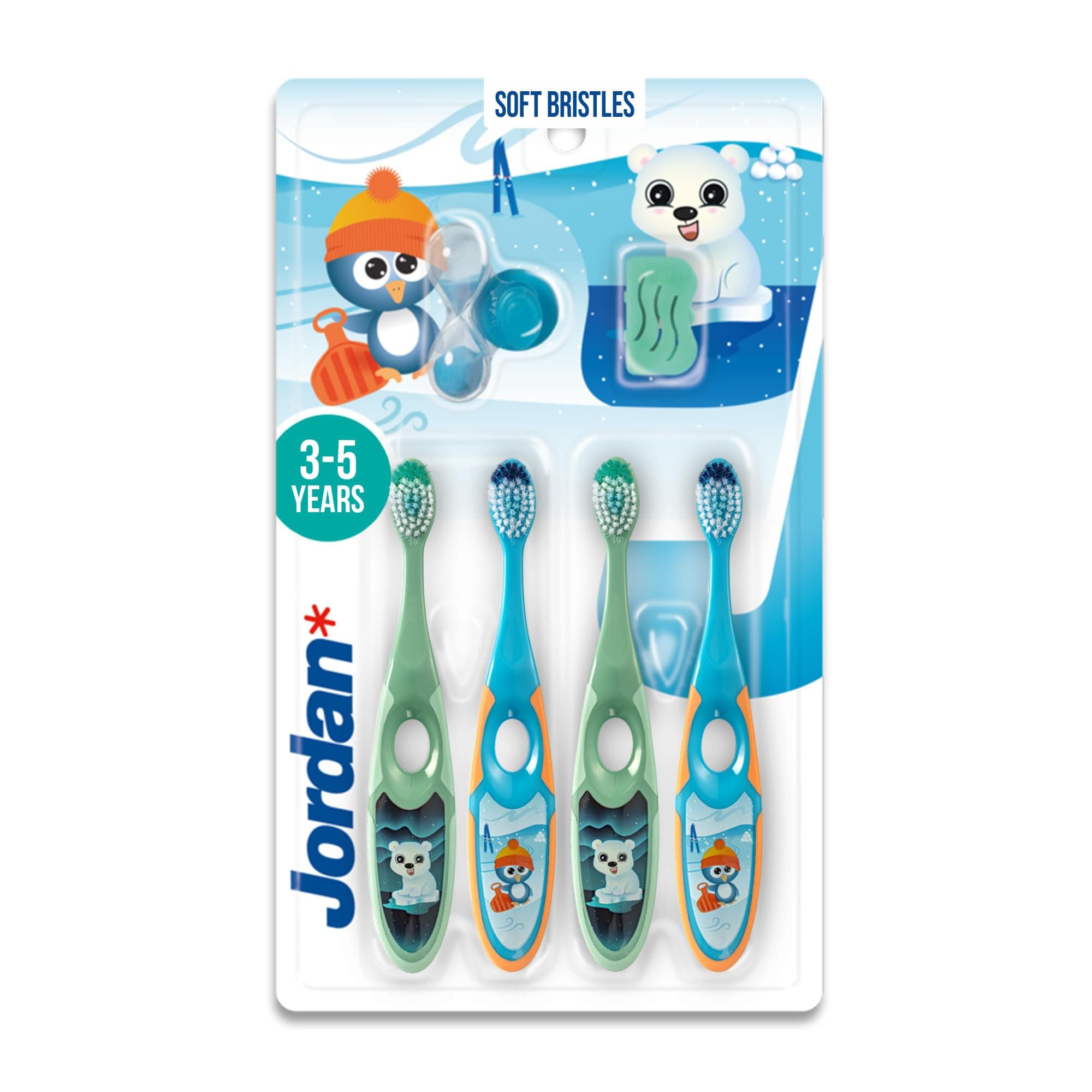 Jordan* ® | Step 2 Kids Toothbrush | 3-5 Years, Soft Bristles, BPA Free,4 Pack | Blue & Green