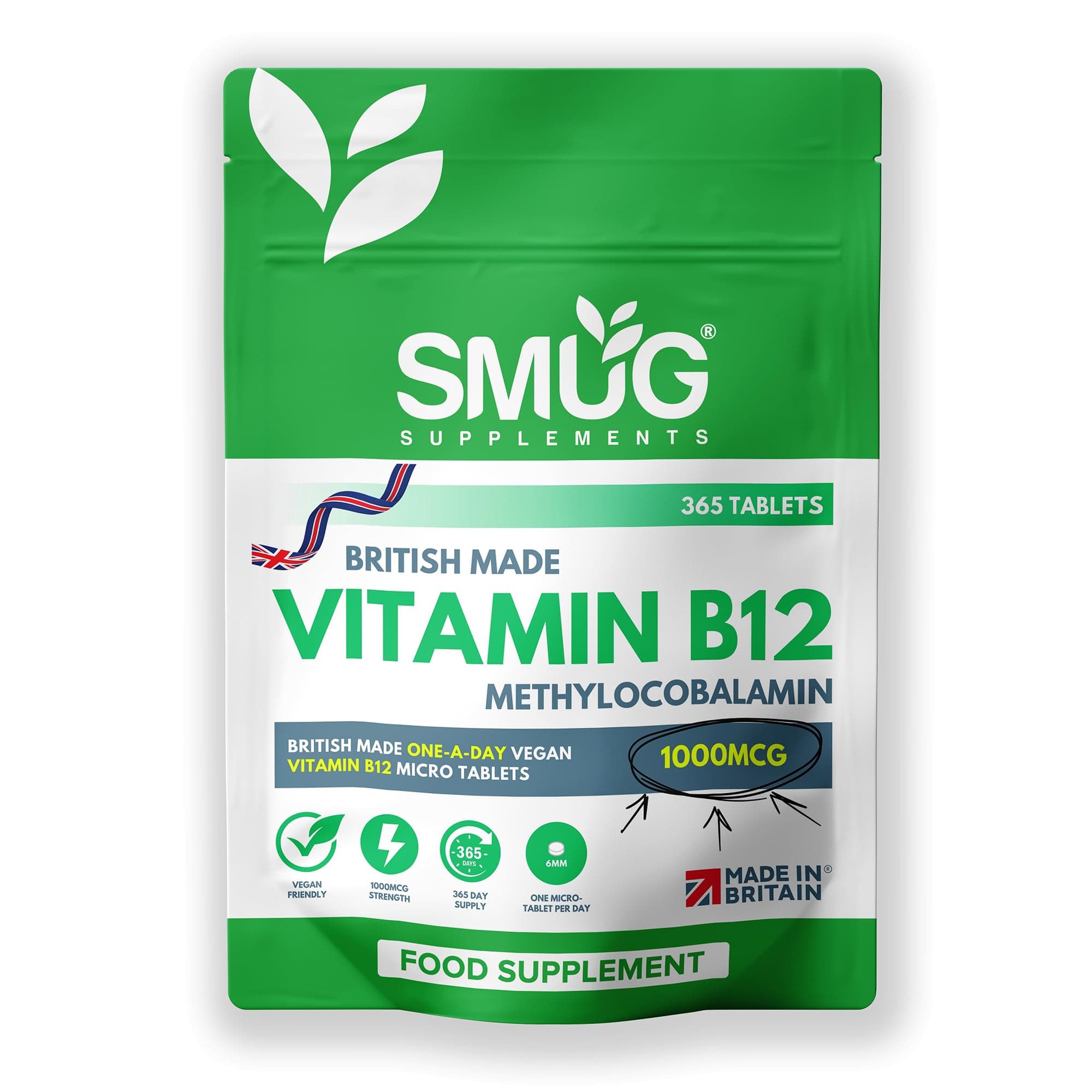 Vitamin B12 Tablets - British Made 365 Tablets by SMUG Supplements - High Strength 1000mcg Pills - Contributes to The Reduction of Fatigue and Tiredness - Suitable for Men and Women - Vegan Friendly
