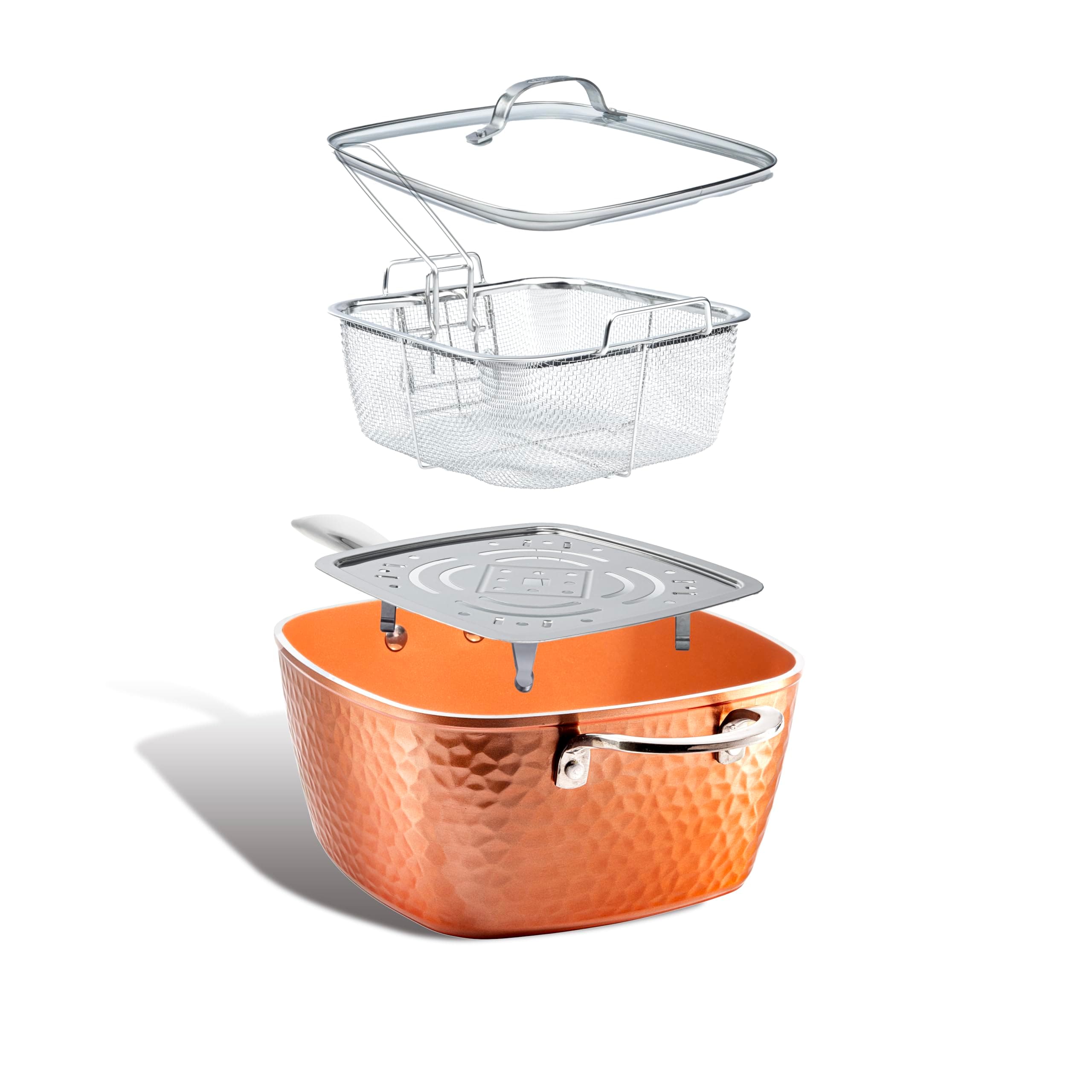 Nonstick Square Deep Frying Pan, 9.5” Large Cooking Pan with Ceramic Nonstick Coating, Deep Fryer Pot with Basket, 4 Pc Titanium Ceramic with Lid, Basket & Steamer Tray, Dishwasher Safe