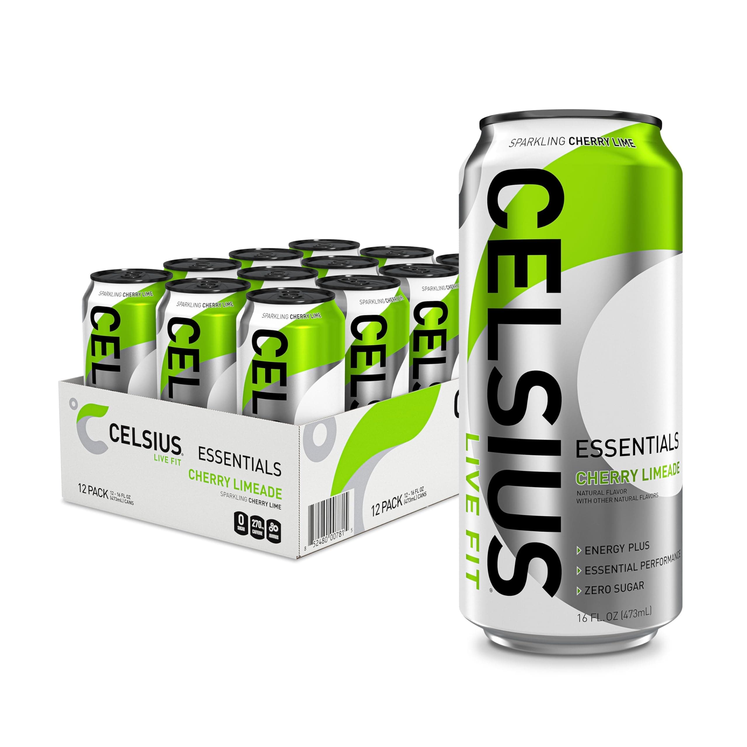 ESSENTIALS, Sparkling Cherry Limeade, Performance Energy Drink 16 Fl Oz (Pack of 12)