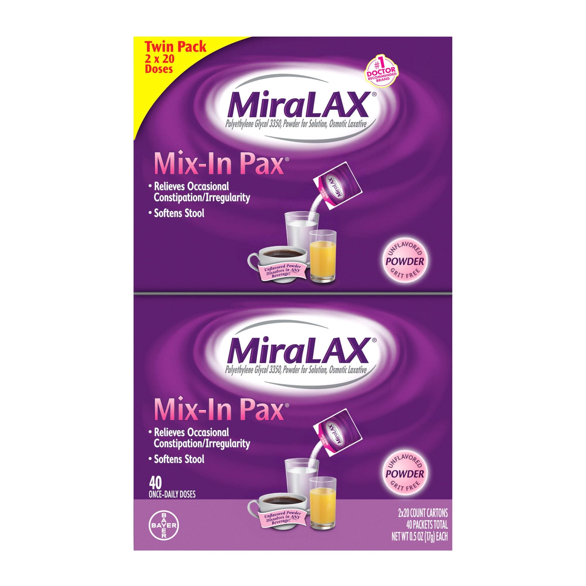 MiraLAX, Laxative Powder for Gentle Constipation Relief Single Dose Packets, 40 Count (2 x 20 Doses)