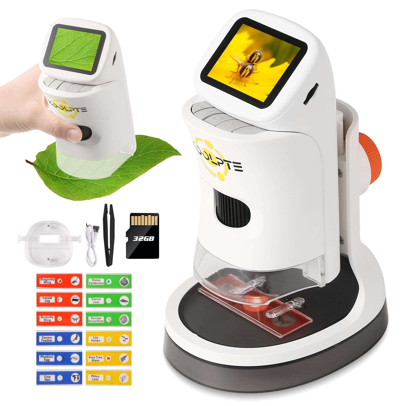 Kids Microscope 1000X HD with 2" Screen - Handheld Miniscope Portable Microscopes for Kids | Science Kit for Ages 8-12 | 6 LED Lights, Slides Set & 32GB Card | Educational Birthday Gifts for Boy Girl