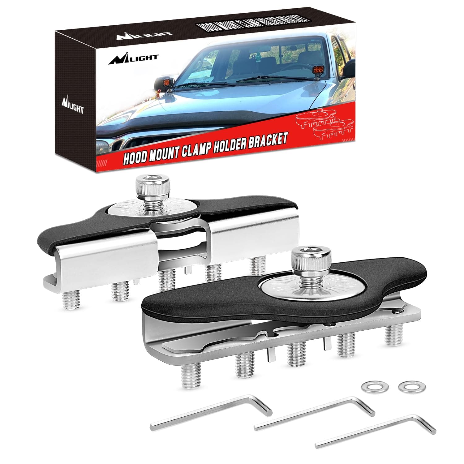 90025B Led Light Bar Mounting Brackets 2pcs Universal Hood Led Work Light led Pods Mount Bracket Clamp Holder for SUV Truck Off Road Installed No Need Drilling, 2 Years Warranty,Black