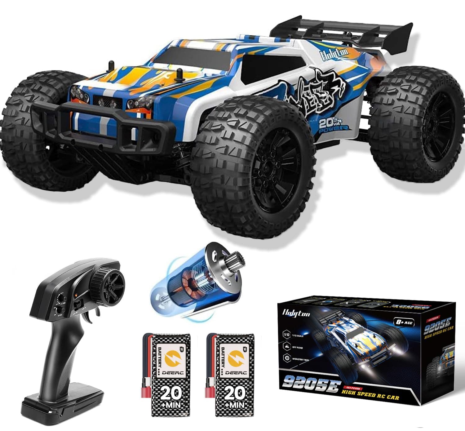 – DEERC 9205E 1:10 Remote Control Truck with Lights, 48 km/h High Speed 4x4 RC Car, 40+ Min Play Time, 2 Batteries, All Terrain Off Road Monster Crawler RC Vehicle, Hobby Grade for Adults and Kids