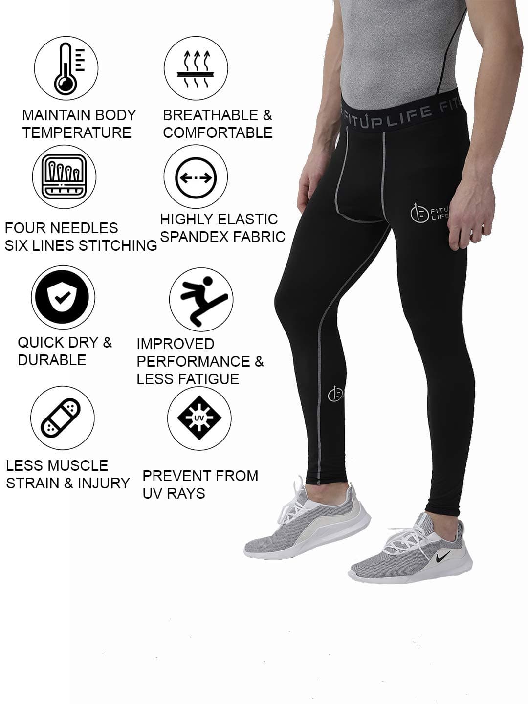 FITUP LIFE Men Full Pants Polyester & Spandex Compression- Black {Size : L}