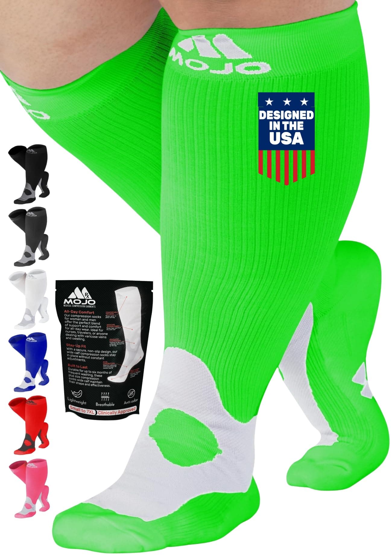 Mojo Compression SocksMojo Compression Socks - Knee High Women 20-30mmhg XL Calf Stockings - Provides Relief for Deep Vein Thrombosis, Venous Insufficiency, and Swelling - Neon Green - 1 Pair, Neon Green, XL