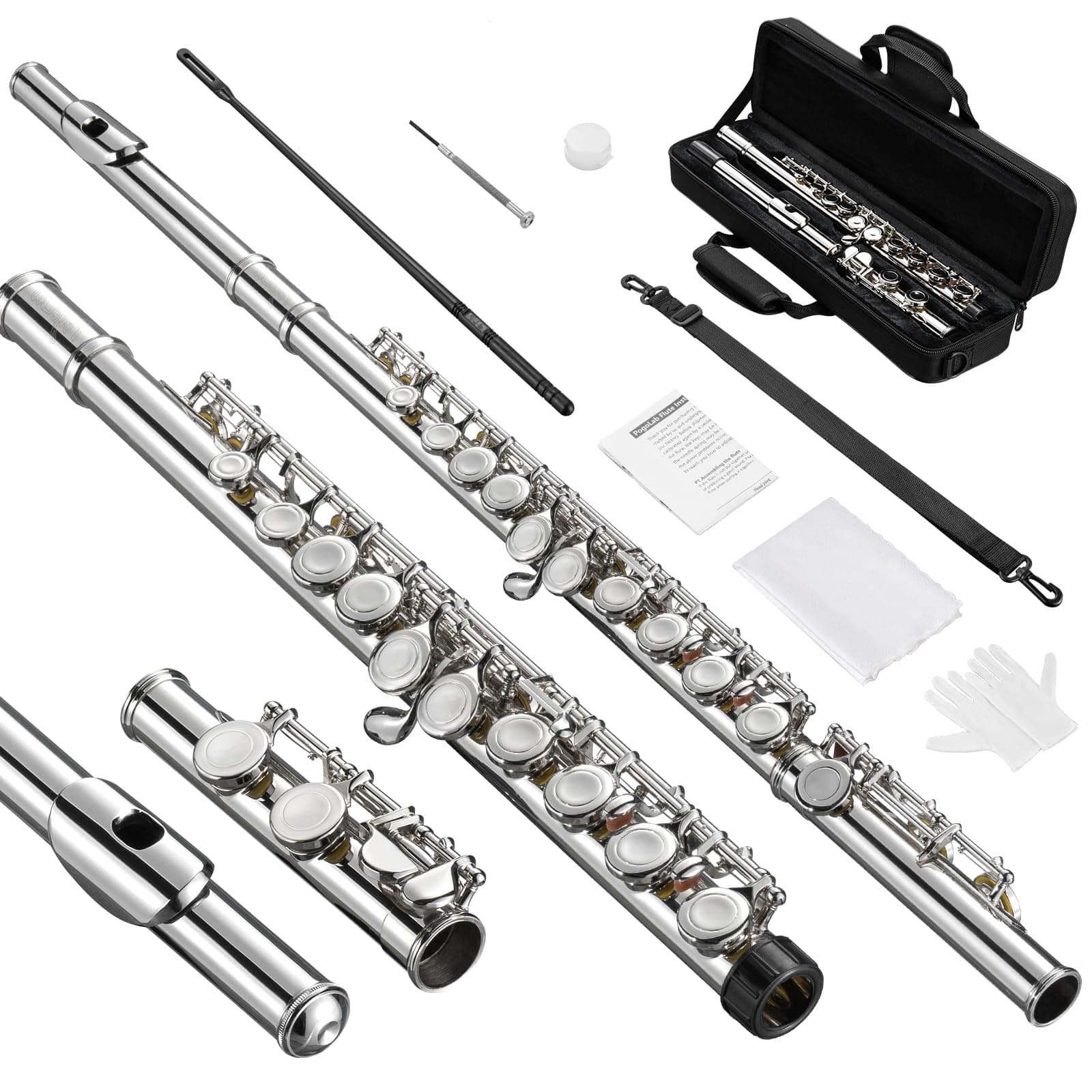 Closed-Hole Flute with 16 Keys, C Flute with Offset-G, Nickel Concert Student Flute Instrument with Flute Case/Flute Cleaning Kit/Probe Rod/Gloves/Grease, for School Band Practice