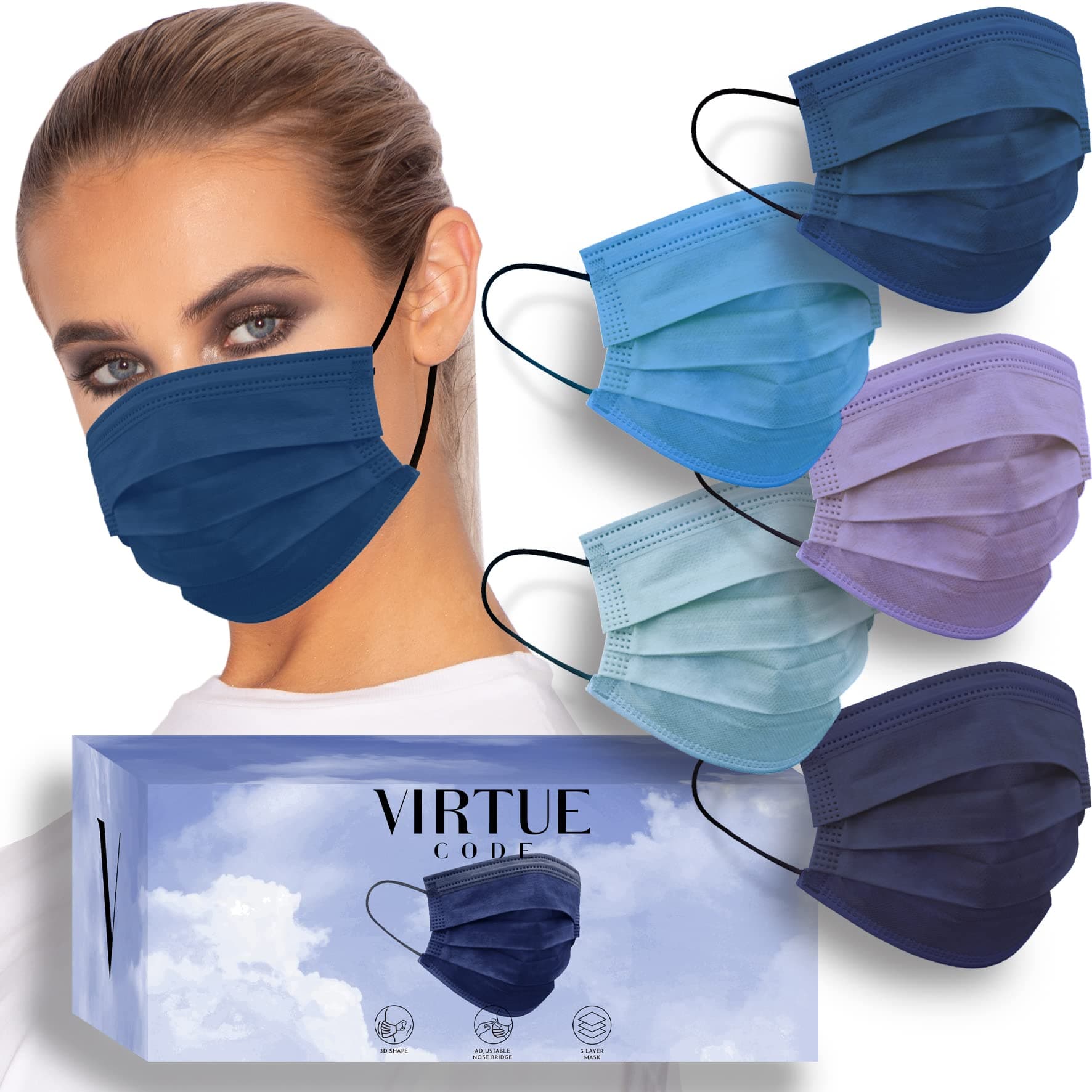 VIRTUE CODE Seamless Essentials Face Masks - Soft 3 Ply Comfort 50 Disposable Face Masks
