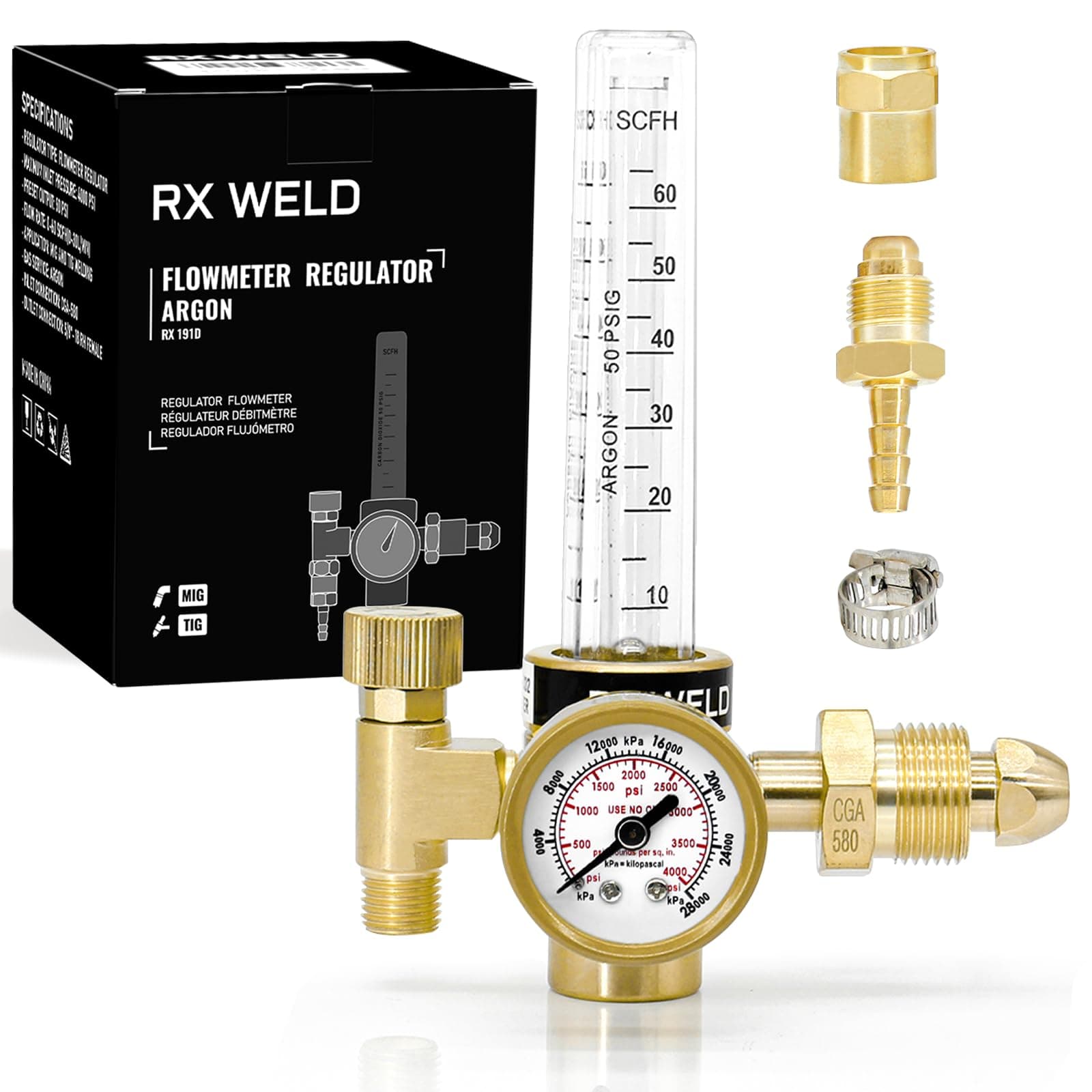 RX Weld Argon/CO2 Regulator, Mig Tig Flow Meter Gas Regulator Gauge Welding Weld