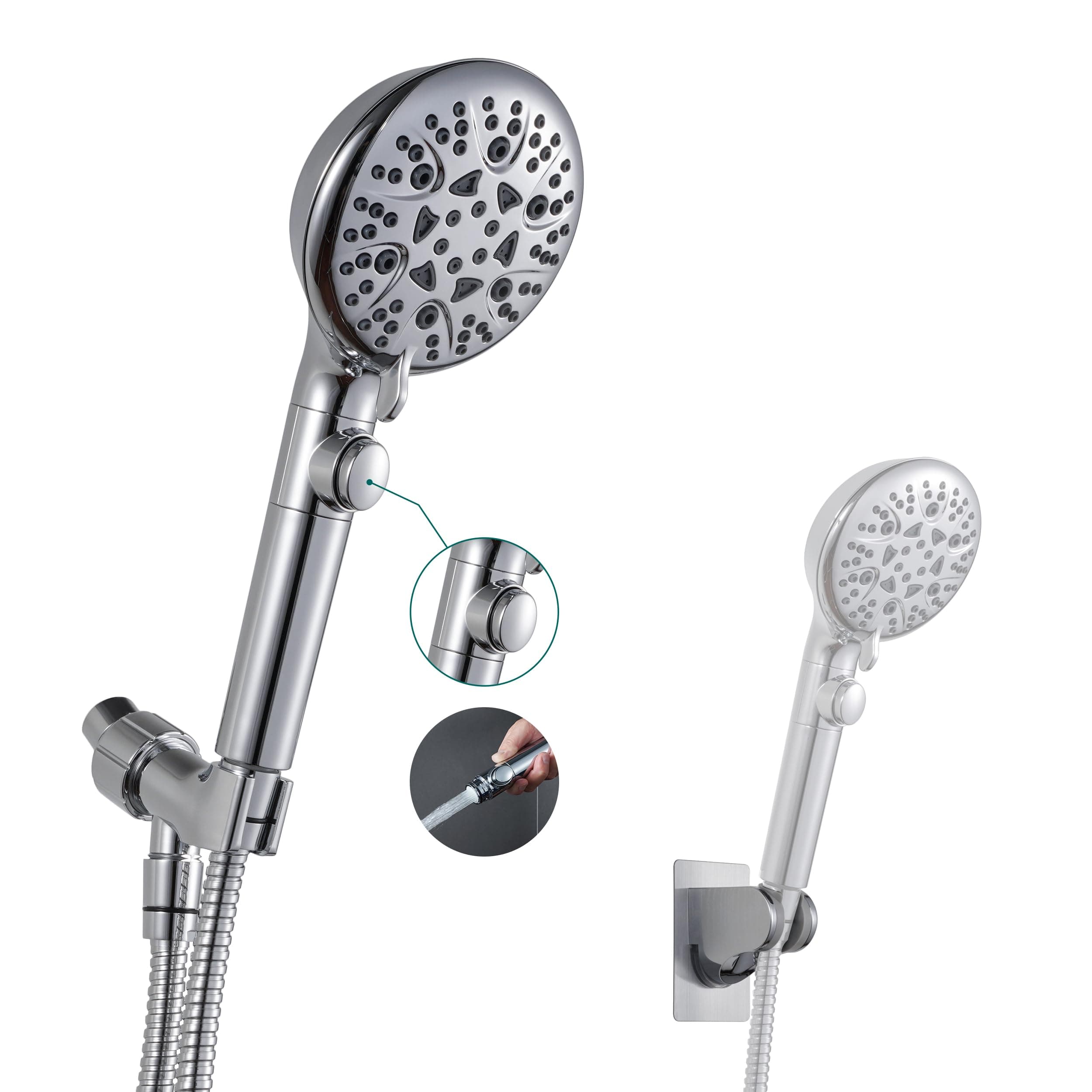Handheld Shower Head with On/Off Switch 8-Mode High Pressure Shower Head with 189cm Extra Long Stainless Steel Hose & Bracket PLUS Extra Low Reach Self Adhesive Wall Bracket for Kids, Silver.