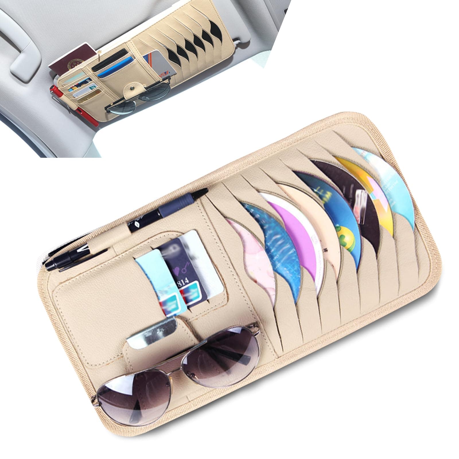 1 PC CD Holder Storage Case, Genuine Leather Vehicle Sun Visor Organizer Clip, Multifunctional Car Card Sleeve Pocket Bag, Universal for Most Cars (Beige)
