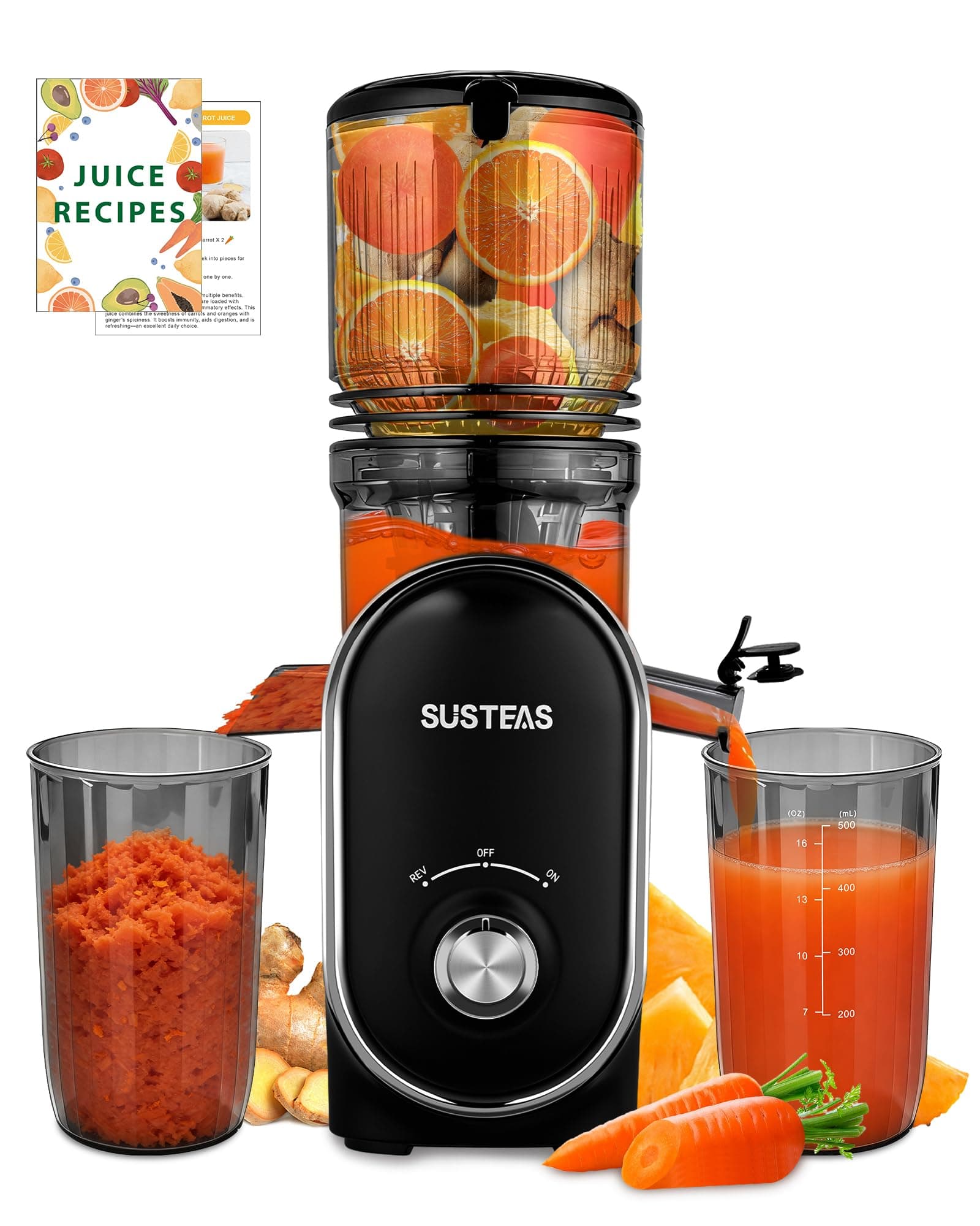 SUSTEAS Cold Press Juicer, 300W, 5.3" Large Feed Chute, 1.5L Capacity, Automatic Feeding, High Yield, Easy to Clean, Ideal for Whole Fruits & Vegetables, Black