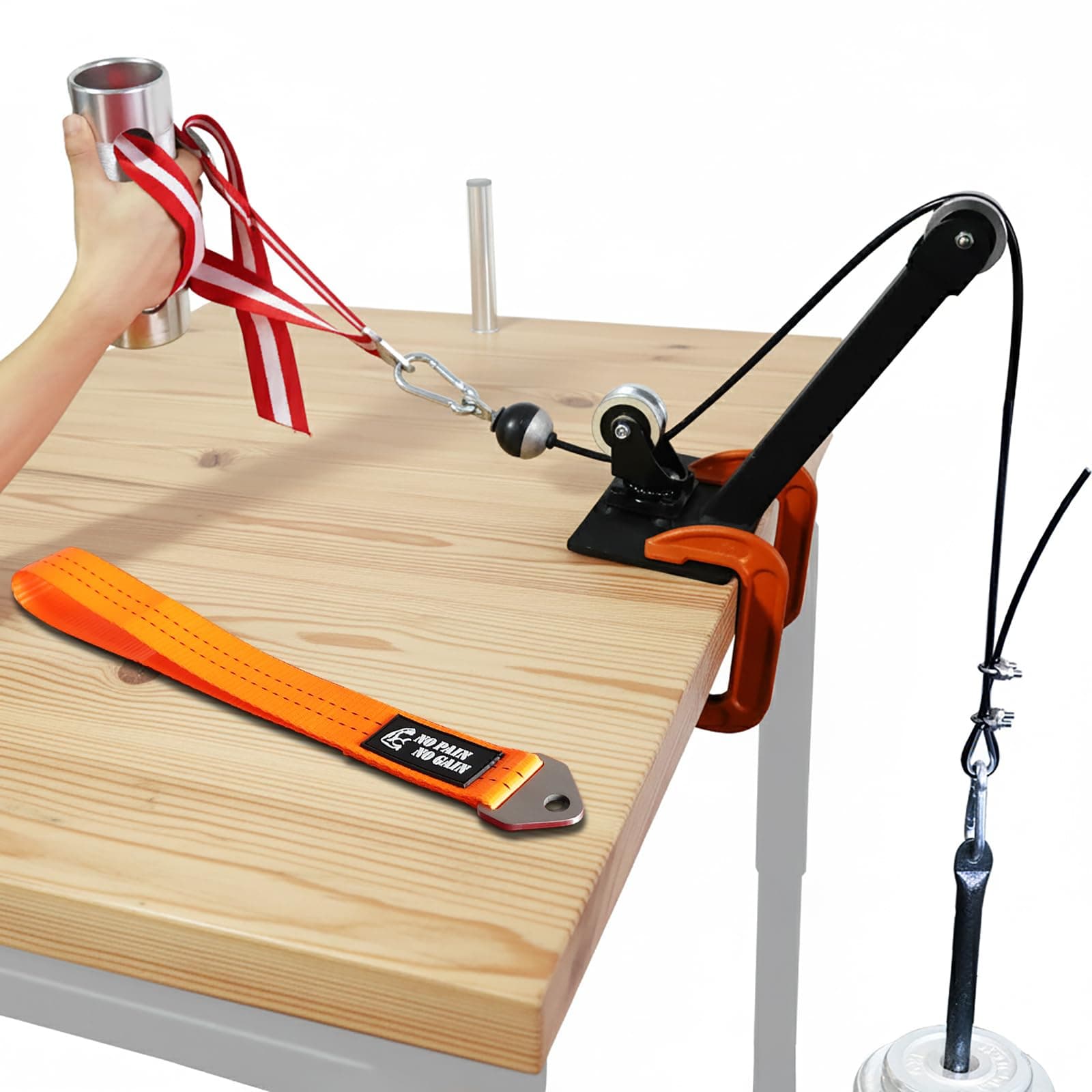 - Arm Wrestling Pulley Training System Kit for Table Professional Forearm and Wrist Strengthener with Aluminum Rotating Pulleys Adjustable 1.5m Cable, Loading Pin and Training Strap for Home Gym Workout