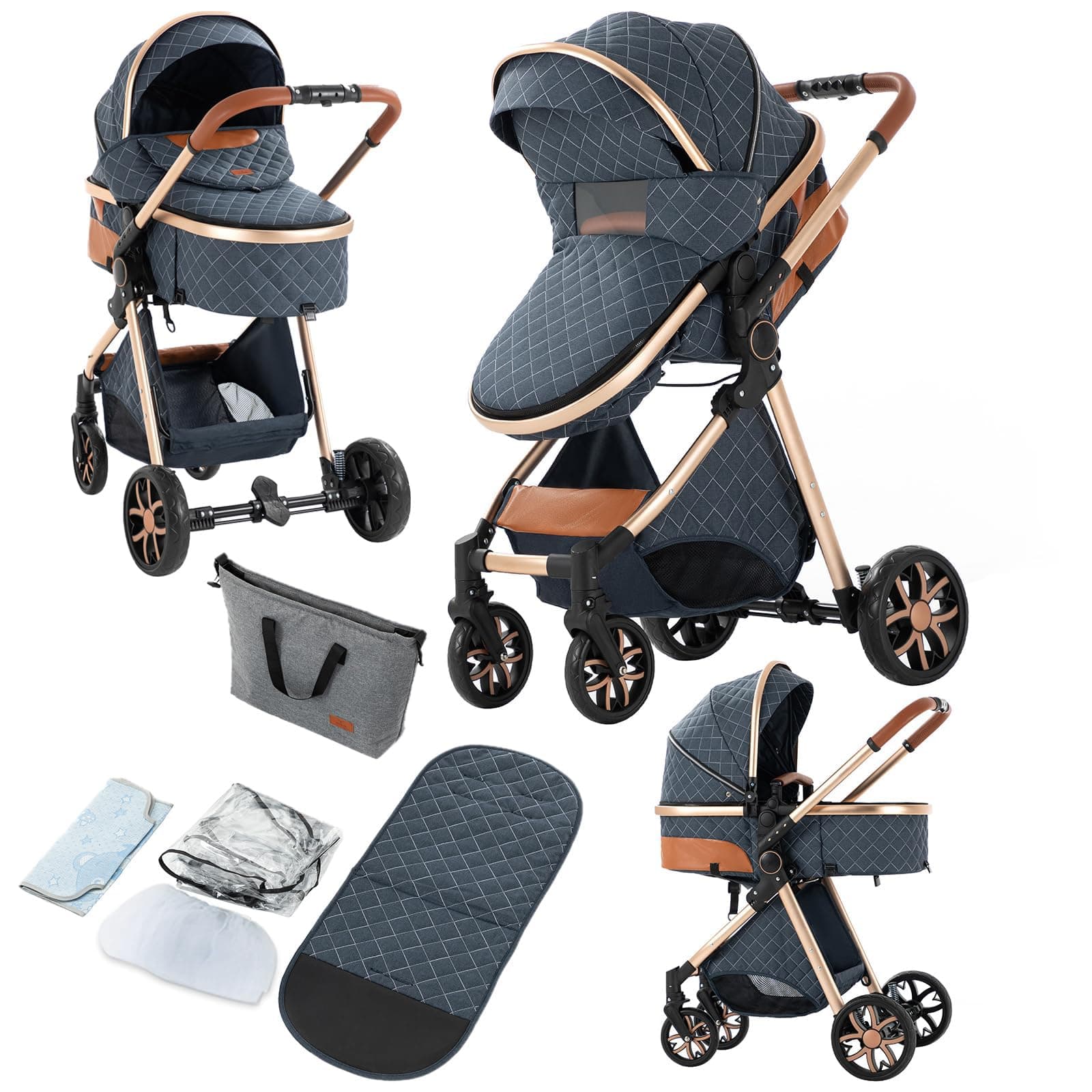 2 in 1 Baby Stroller, Convertible Pram, Reversible Standard Stroller, Portable Baby Buggy, Infant Carriage, Foldable High Landscape Pushchair for Toddler Newborn (225 Blue)