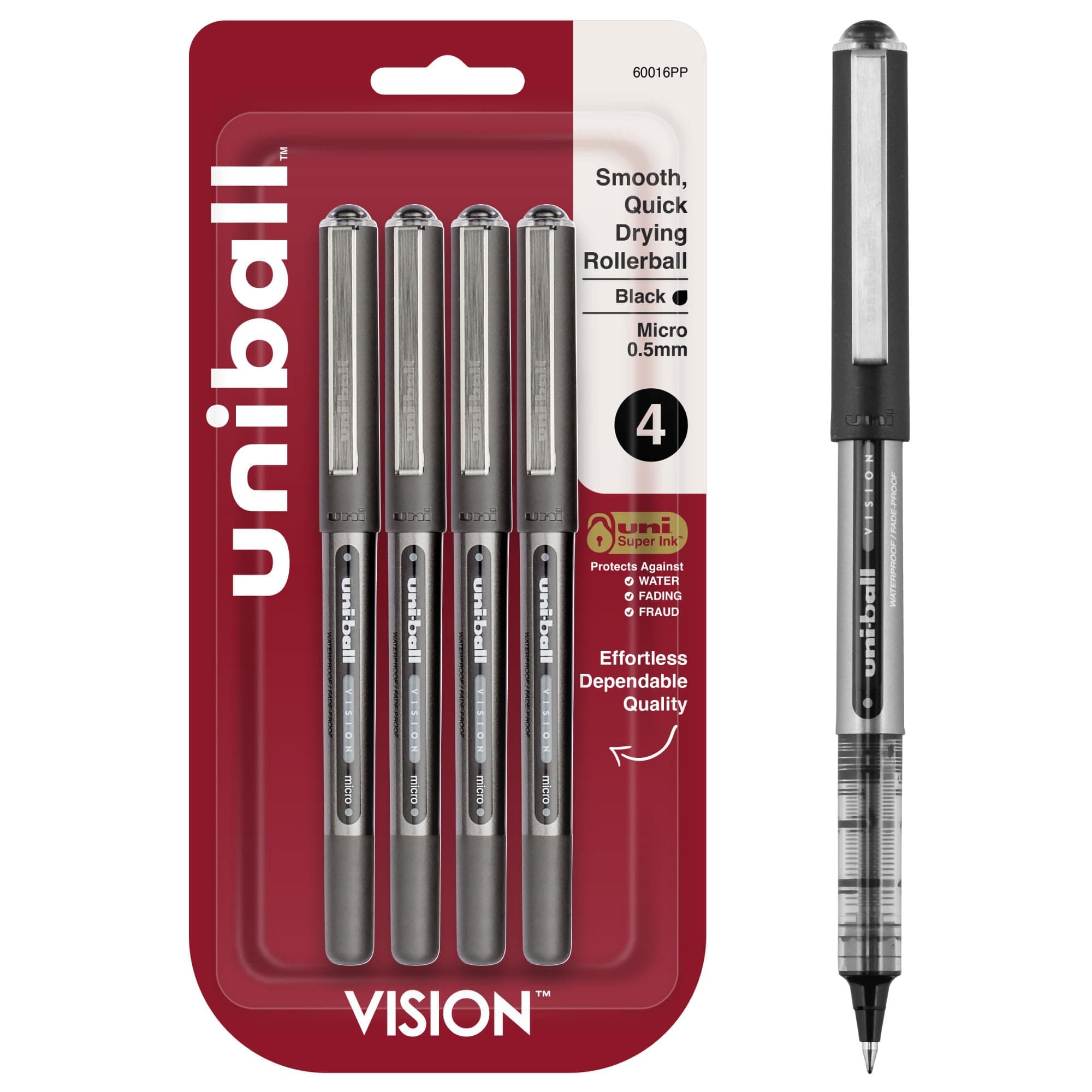 Uni-Ball Vision Rollerball Pens, Black, 4 Pack, 0.5mm Micro Point, Fine Point, Smooth Writing, Office Supplies