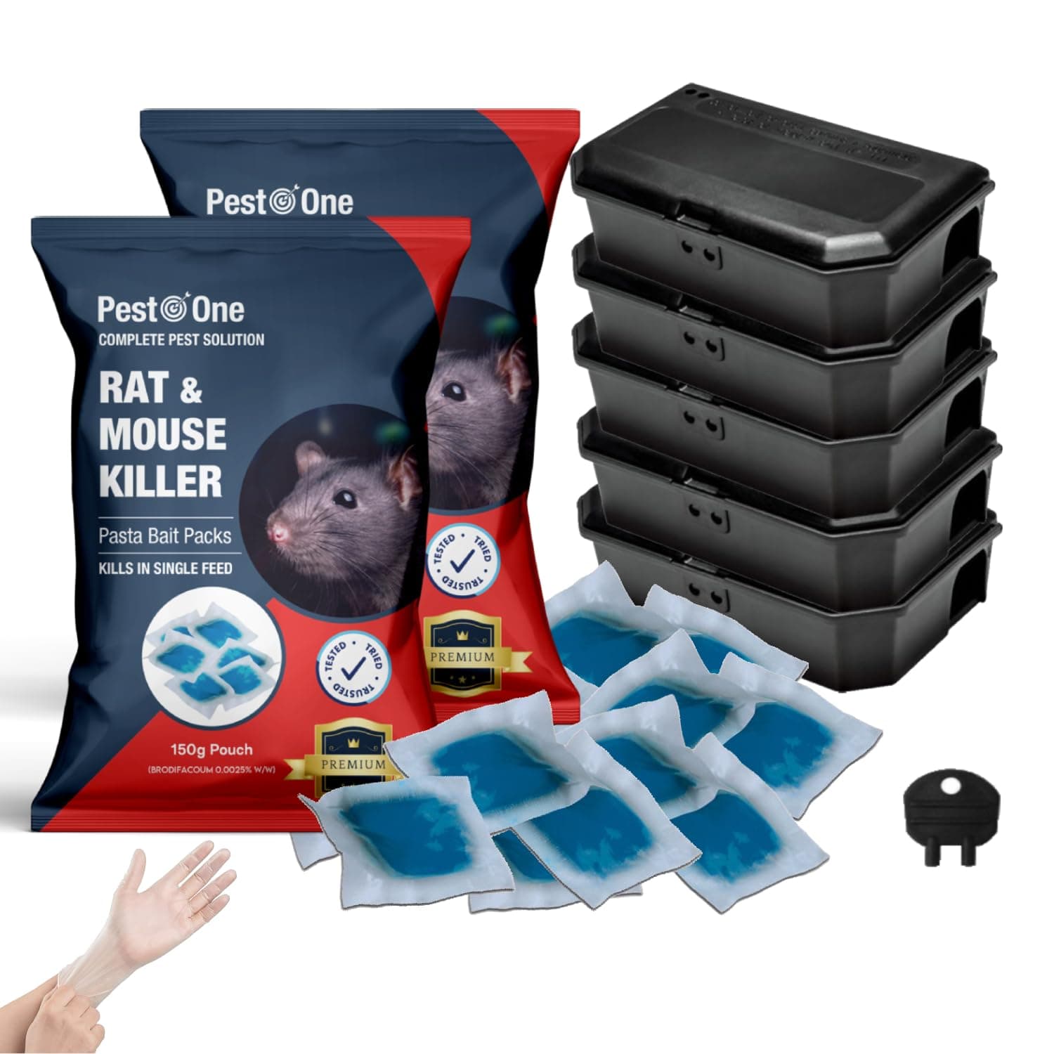 Mouse Poisoning Blue Pasta Sachets and Mouse Bait Boxes Rat Pasta Bait Black Tamper-Proof Mouse Poisoning Bait Boxes Rodent Control Kit (Pack of 2x150g Blue Pasta Bait with 5 Mouse Boxes)