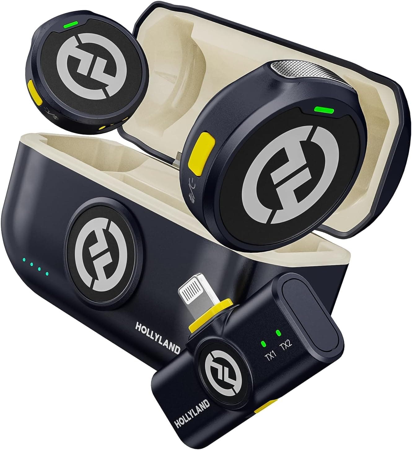 Hollyland Lark M2 Wireless Microphone for iPhone14 & Below, Mini Magnetic Microphone, 300m Range, Hi-Fi Audio, Noise Cancelling, 30h Use, Video Recording (2TX + Lightning RX + Charging Case)