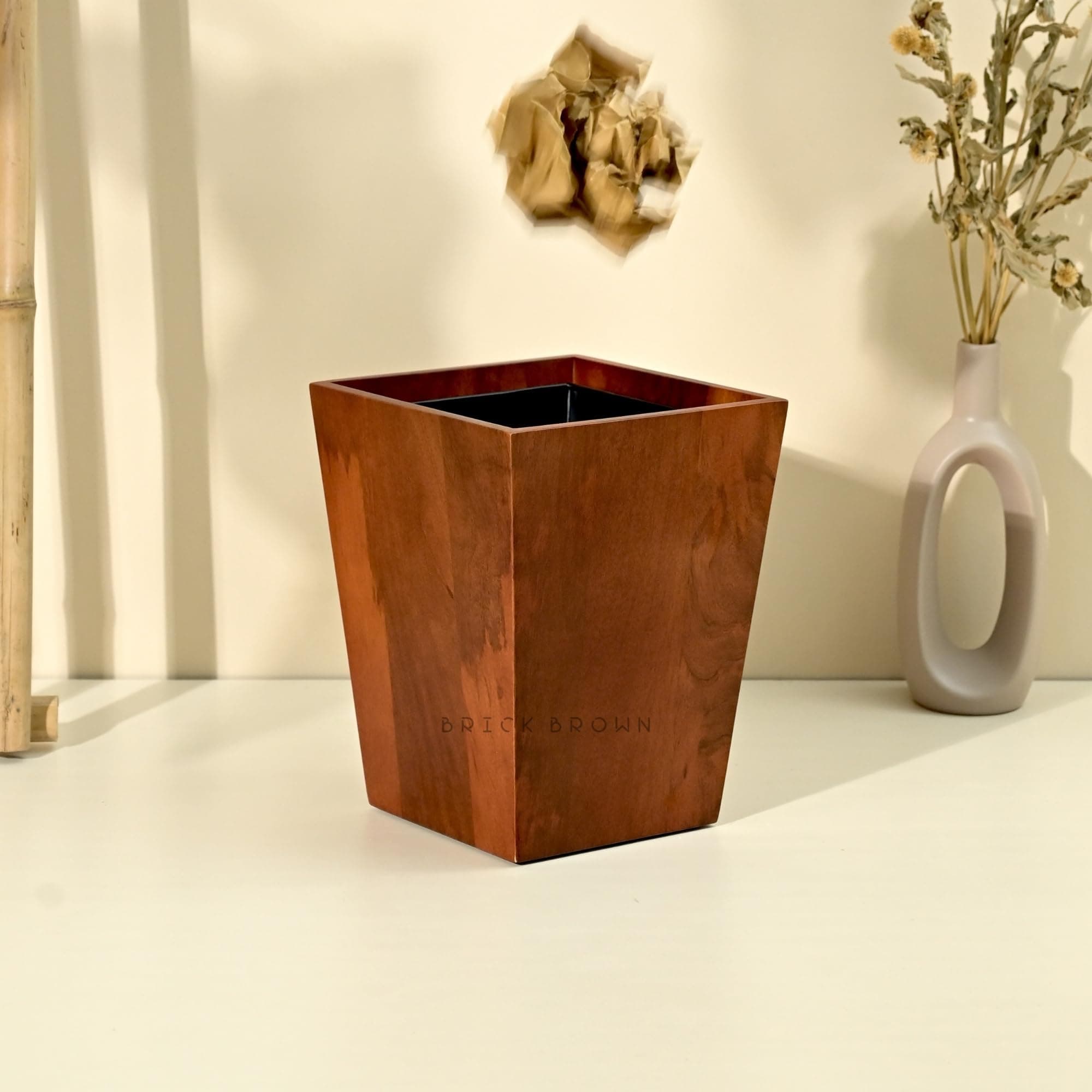 Premium Solid Wood Dwindle Wastebasket | Dustbin With Removal Metal Inner Liner From Mahogany Collection Open-Top (Dwindle), (8X8X9.8 Inch), Brown