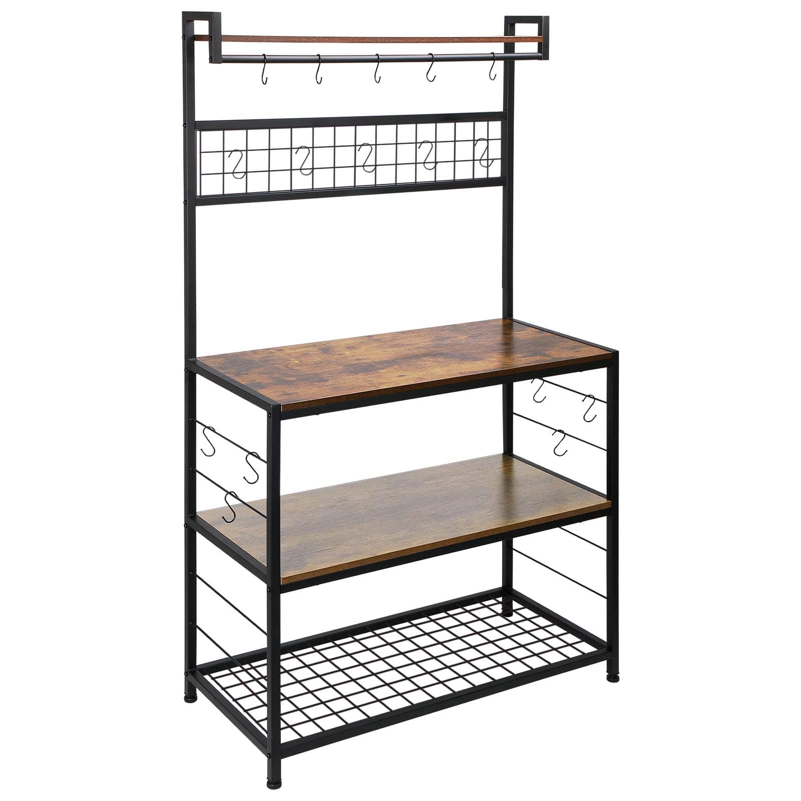 HOMEKOKO Kitchen Bakers Rack with 16 Movable Hooks, 3-Tier Microwave Oven Stand with Storage for Cooking Utensils, Industrial Style Kitchen Storage Shelves for Plates, Pans and Pots (Rustic Brown)