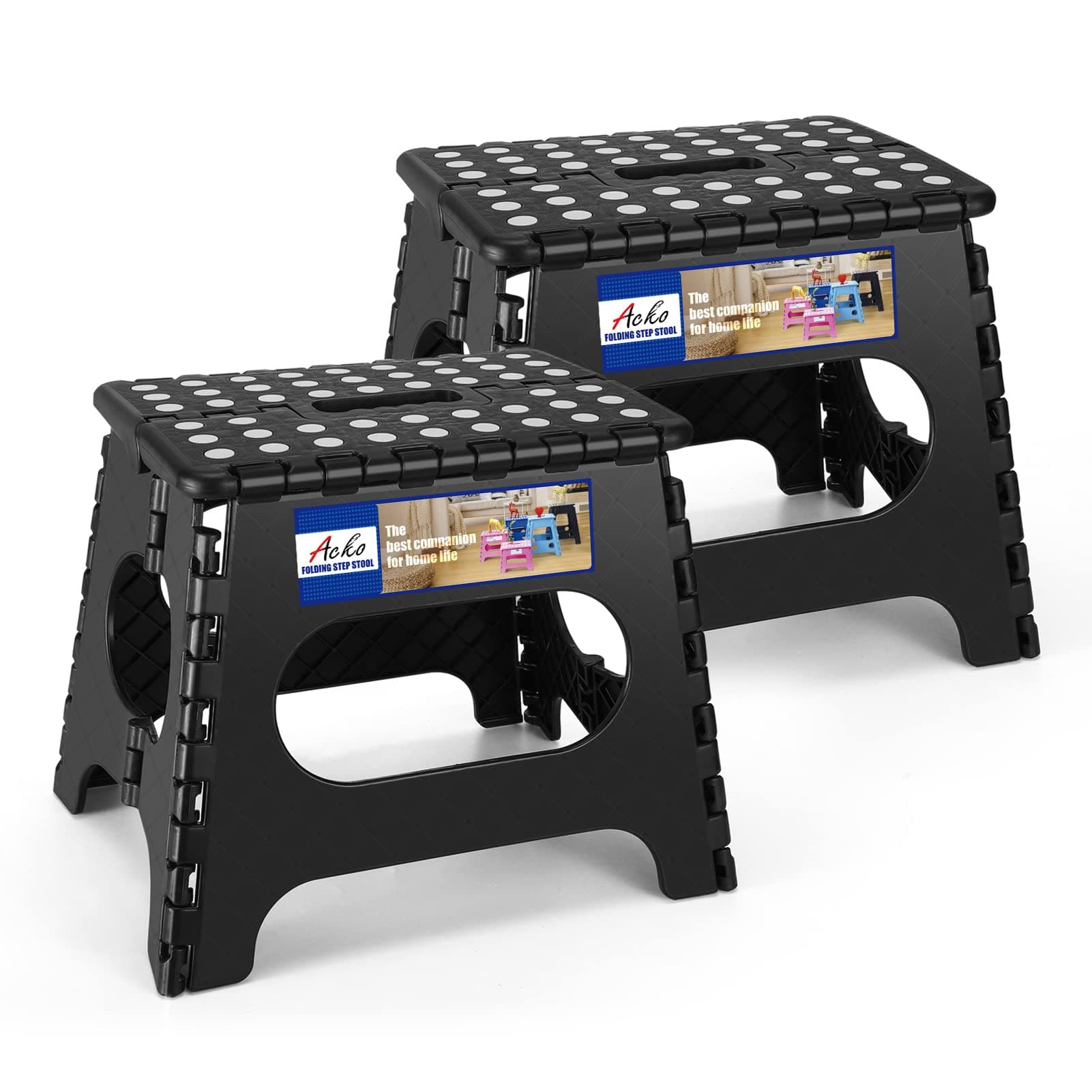 11 inch Folding Step Stool Lightweight Plastic Step Stool - 2 Pack - Foldable Step Stools for Adults,Non Slip Folding Stools for Kitchen Bathroom Bedroom (Black, 2 Pack)