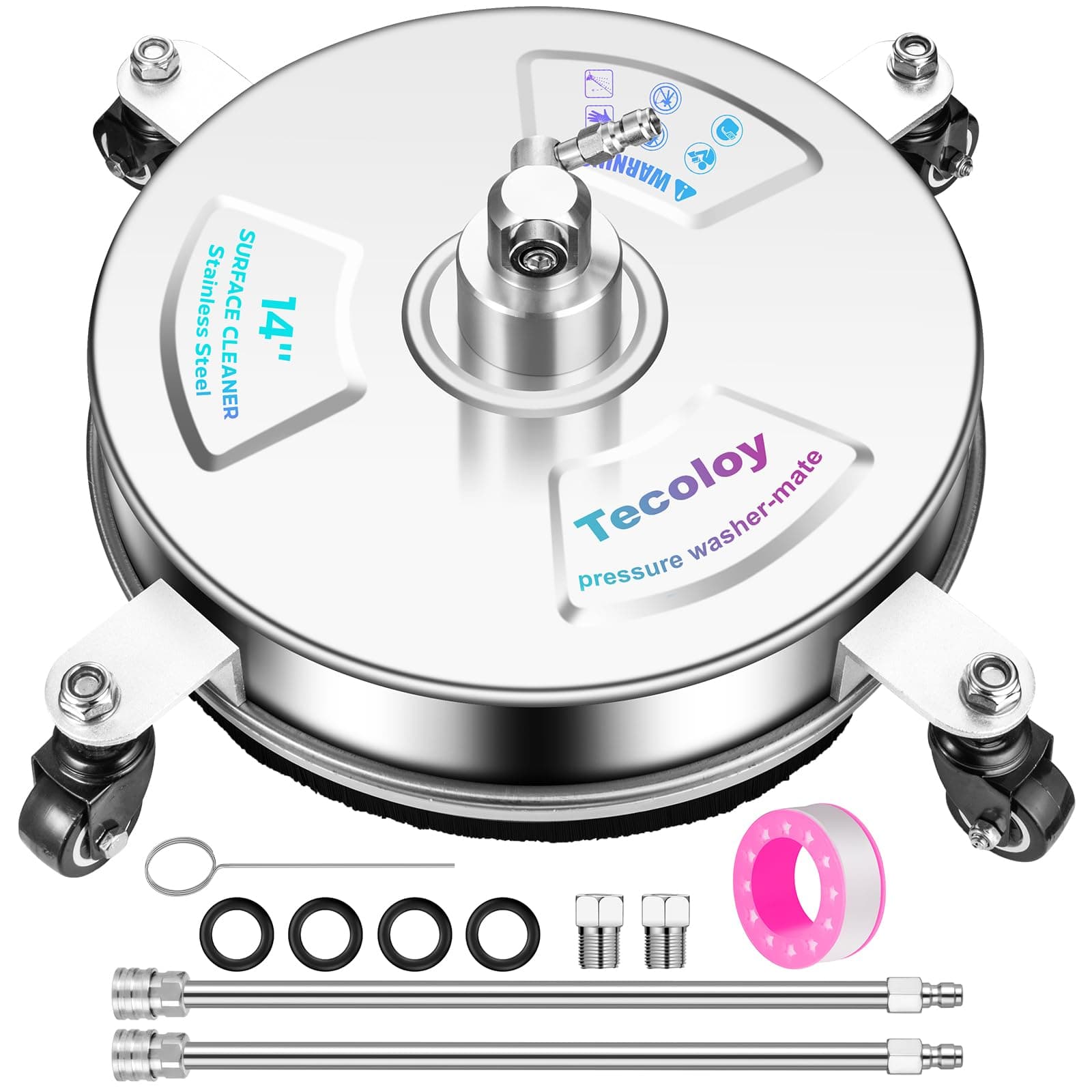 14" Pressure Washer Surface Cleaner with 4 Wheels-Stainless Steel Power Washer Accessories for Concrete Driveways Sidewalks Patios Cleaning (14 INCH Silver)