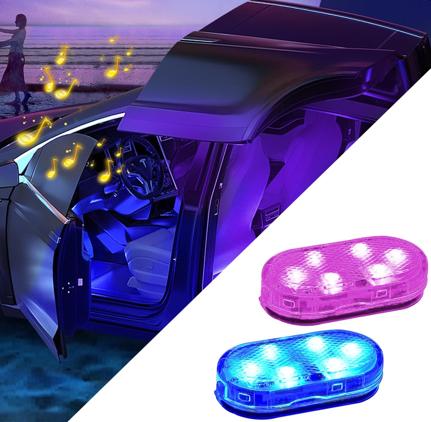 Car Led Lights Interior Wireless led Lights for Car, 7 Colors led Lights for Car Interior, Ambient Lighting Car Interior Car Lights Inside Your Car Wireless USB Rechargeable Interior Lights, 2pcs